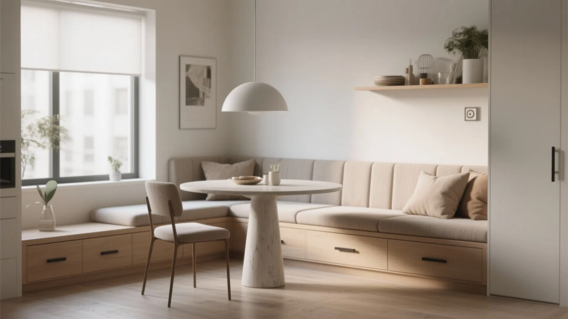 Modern dining area with built-in wooden bench seating, storage drawers, marble table, and ceiling light