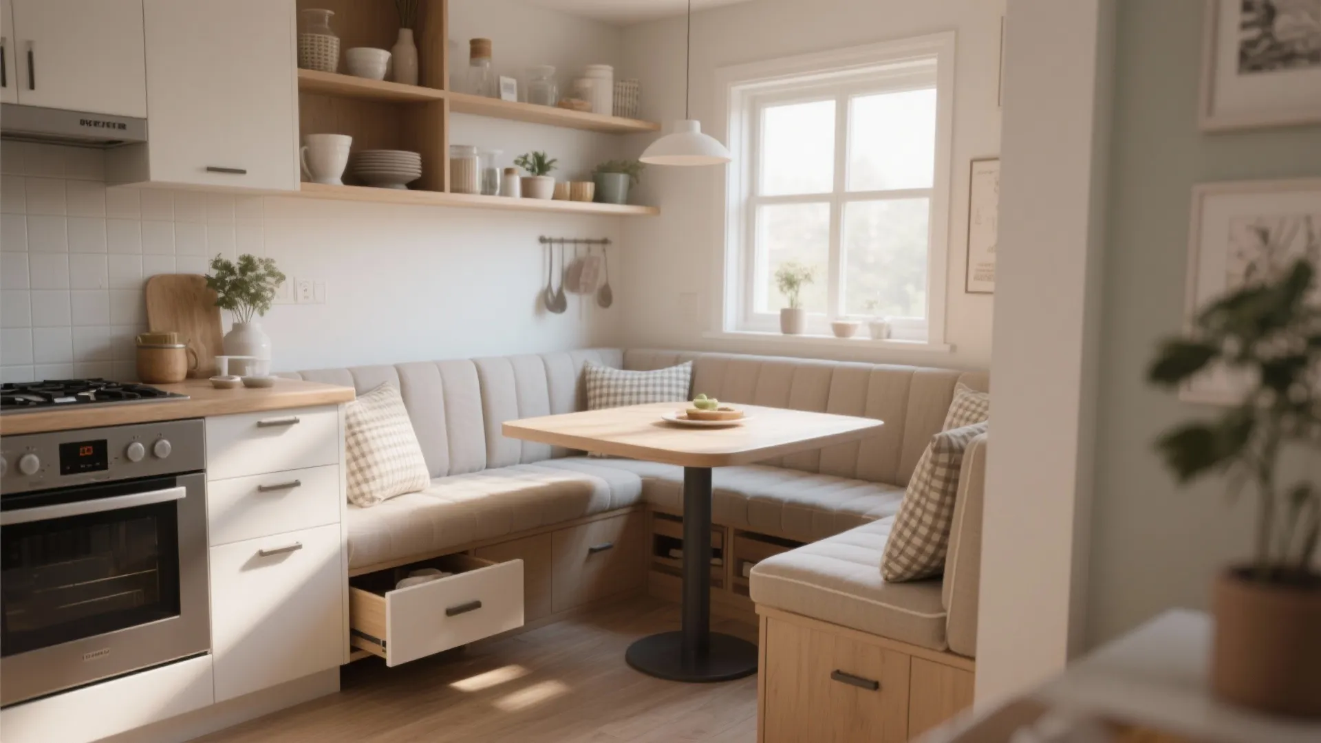 Built-in bench seating in kitchen with storage drawers