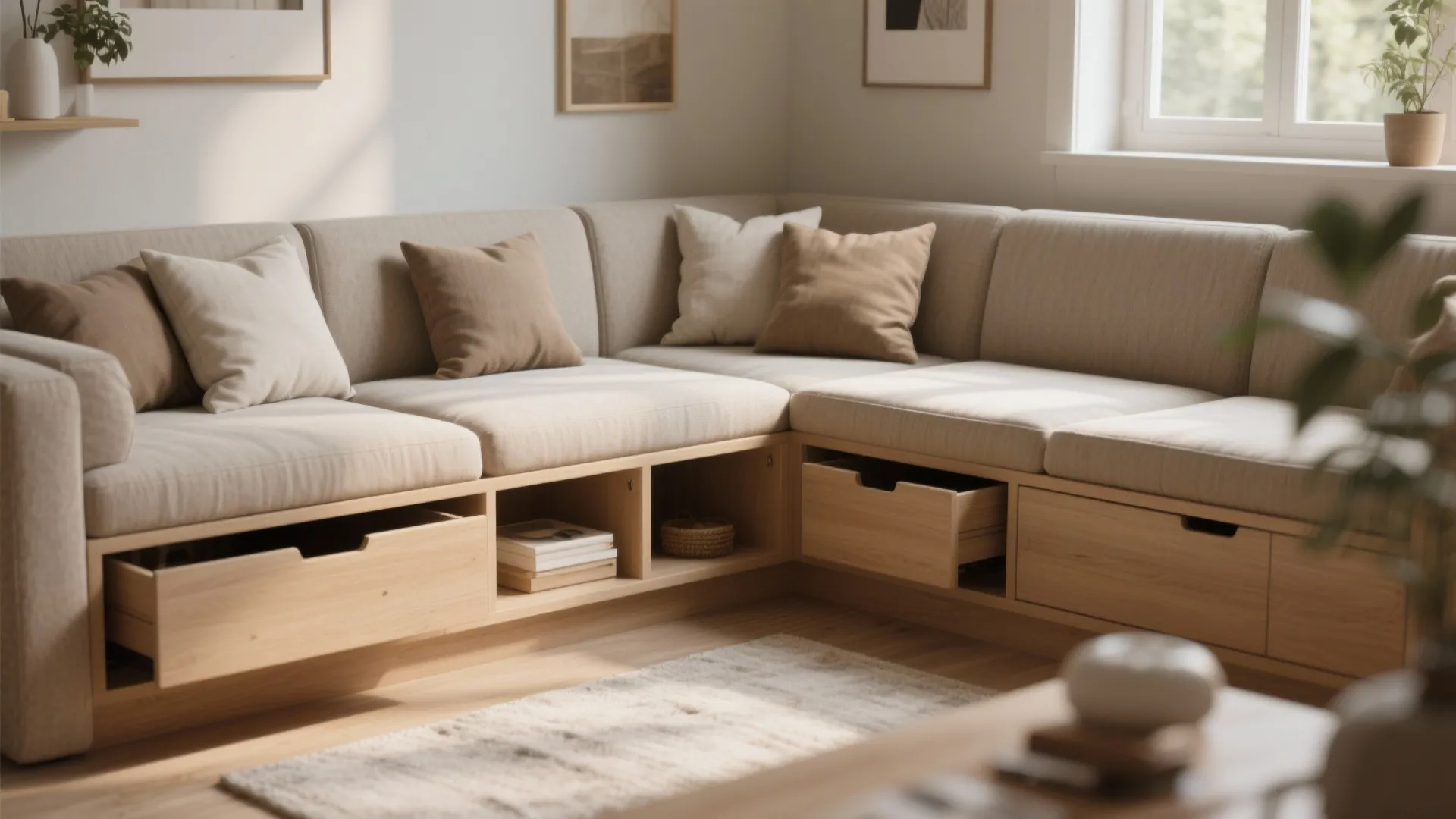 Wooden corner sofa with built in storage drawers and cushions in a bright sunlit room
