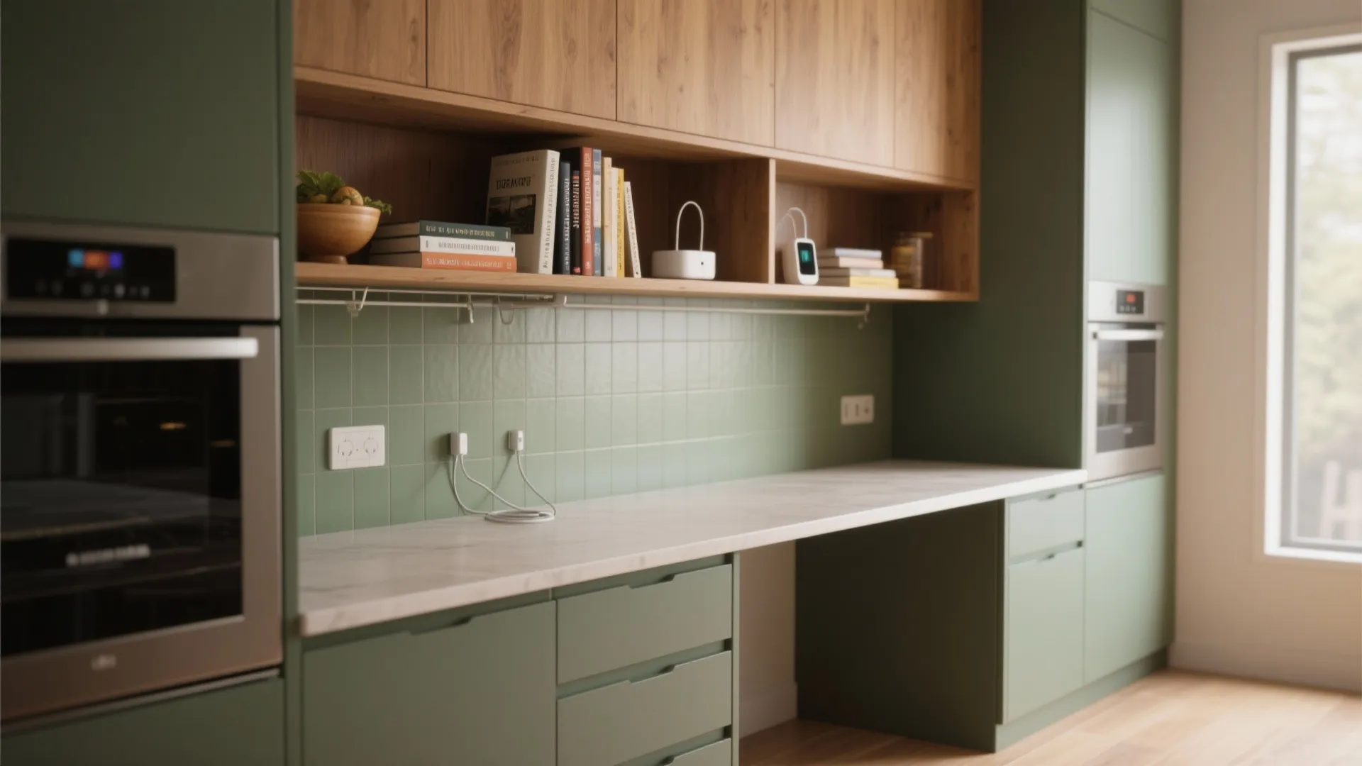 2. Built-in shallow desk with open shelving