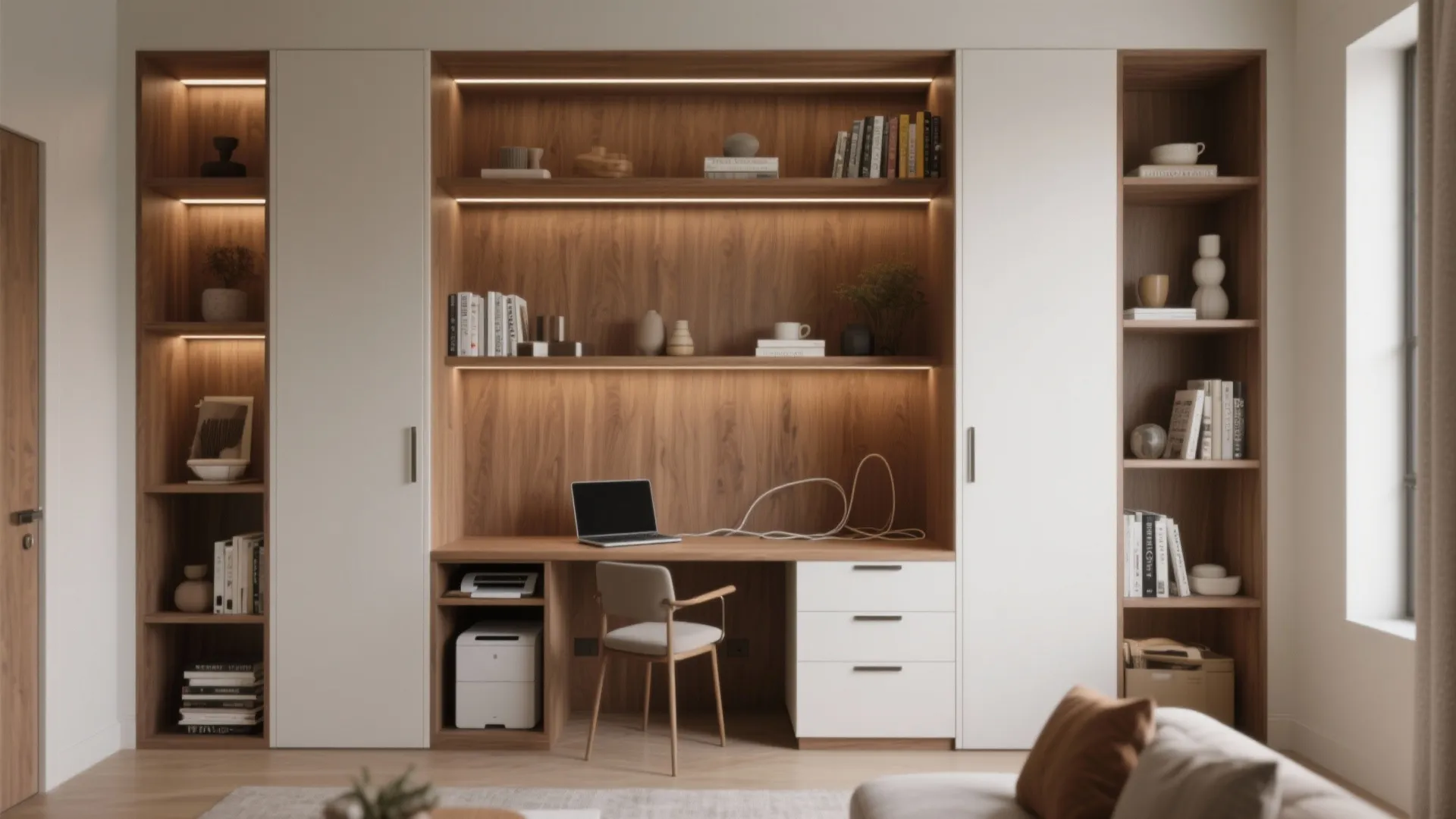 Large built in wooden wall cabinet with integrated desk laptop white chair and many books