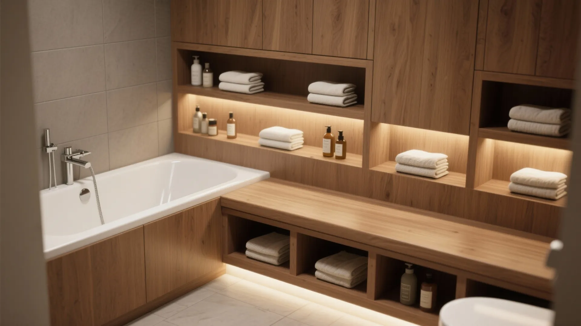 Built-in tub bench with open cubby storage and recessed shelving above the toilet in a small bathroom.
