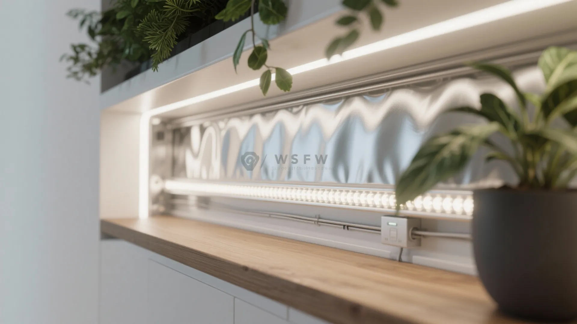 Built in shelf with bright LED light strip wooden surface green indoor plants and white cabinet
