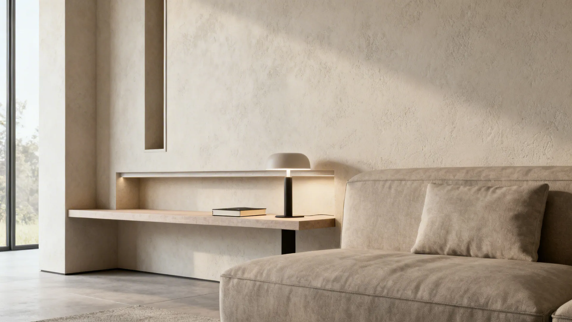 Recessed built-in shelf at sofa height used as a compact side table with a lamp and book