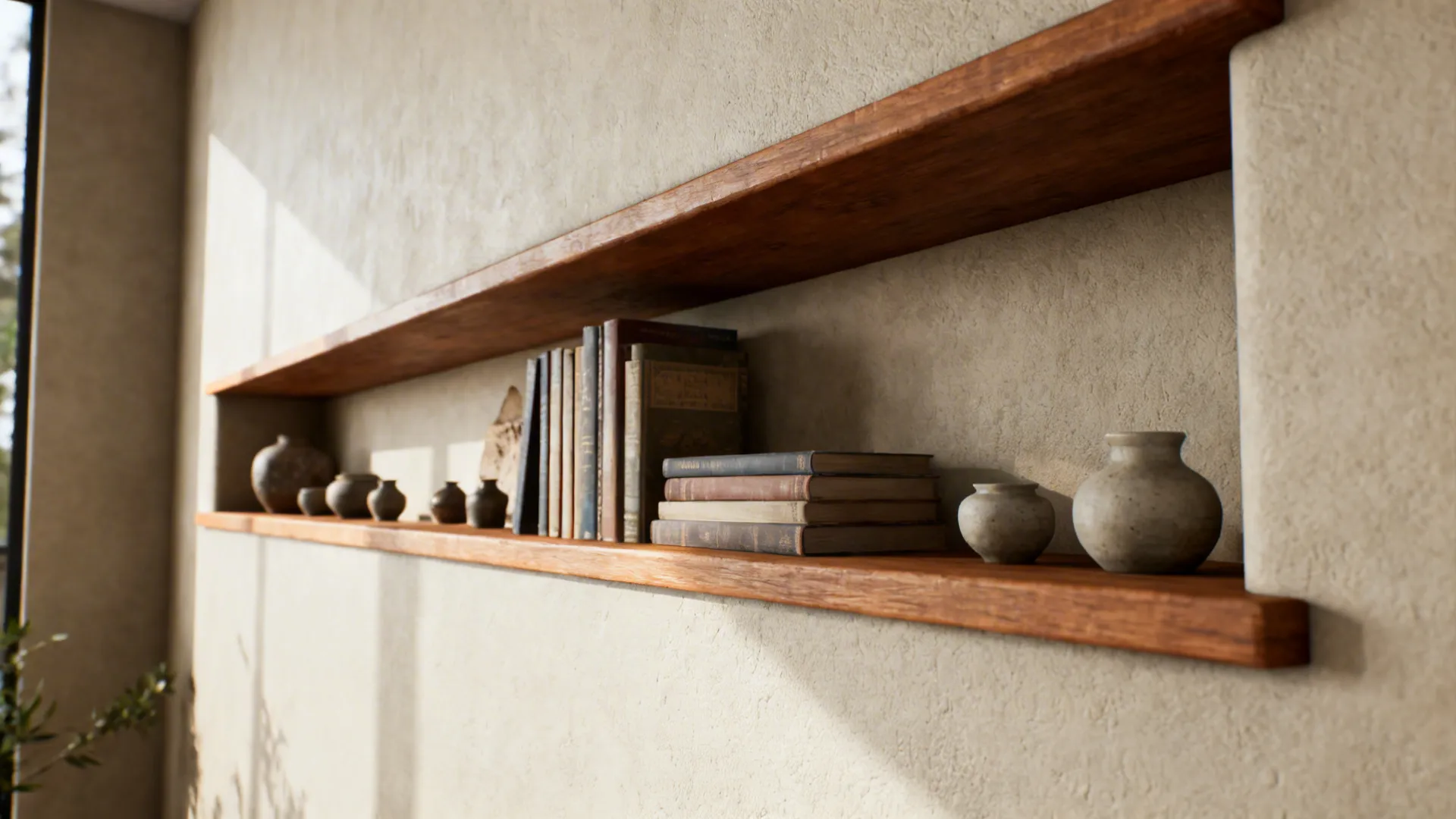 Long wooden shelf built into textured beige wall holding old books and small ceramic pots