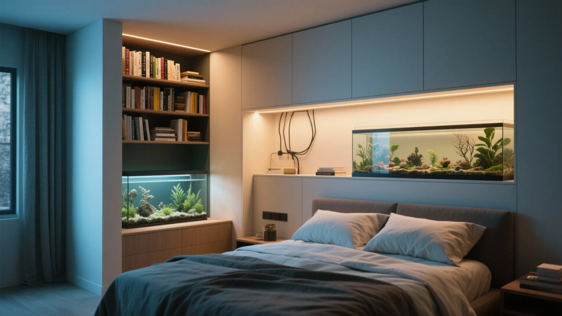 Built-in shelf aquarium next to books with soft integrated lighting and hidden equipment.
