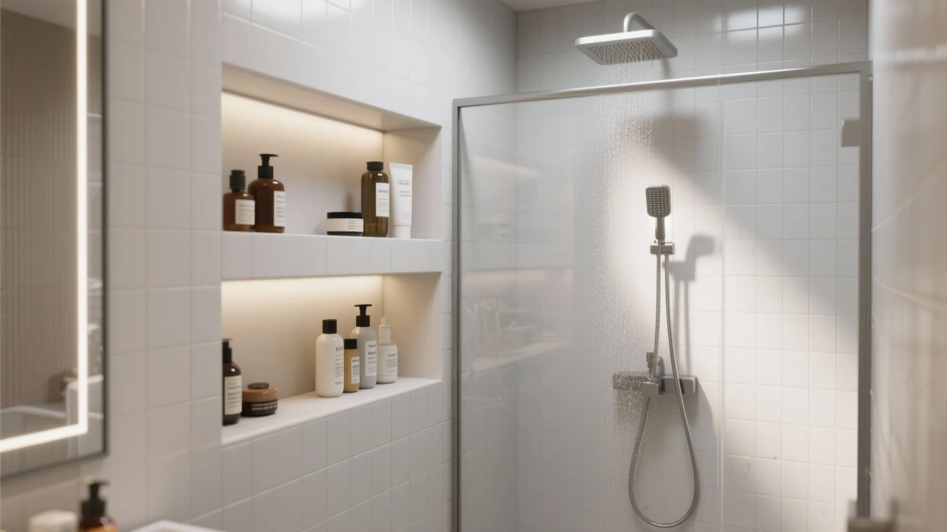 Modern white shower with built-in wall shelves holding soap bottles and a glass shower door