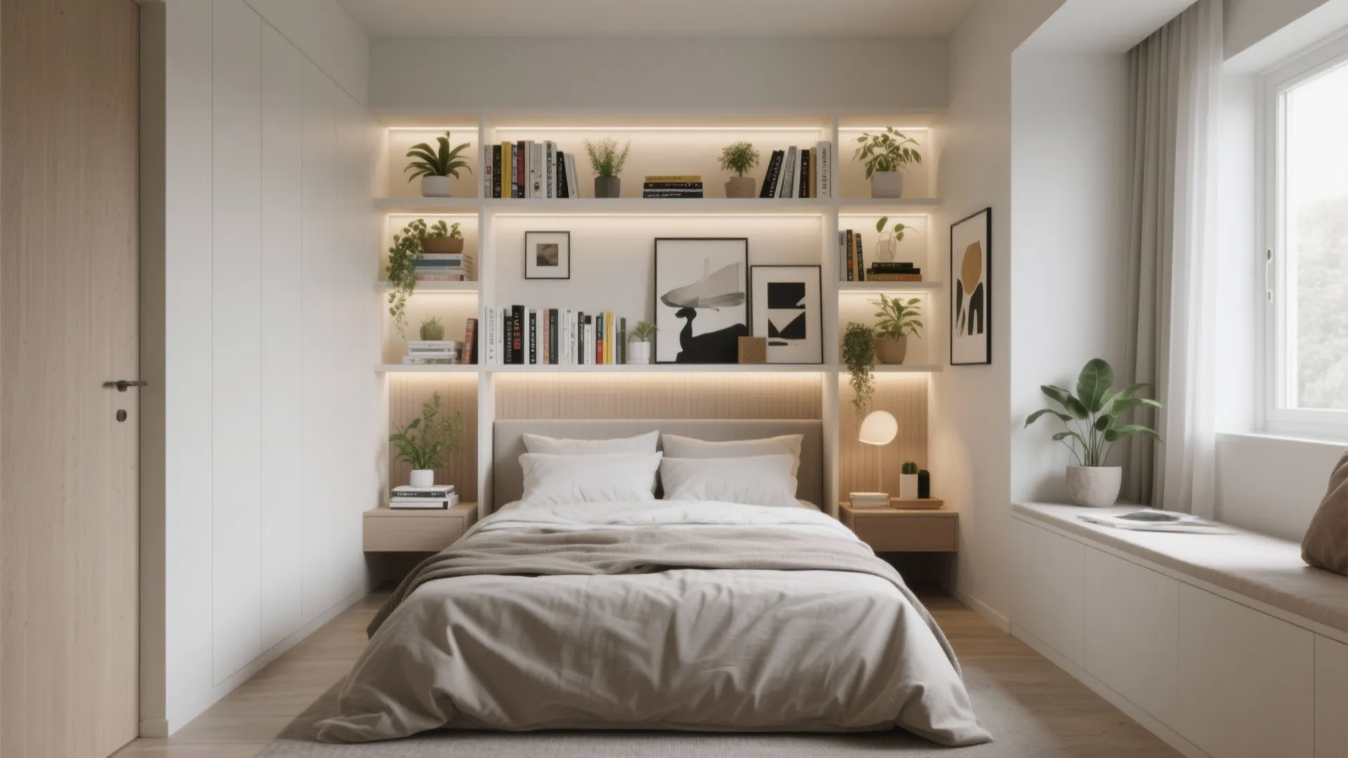 Built-In Shelving Behind the Bed