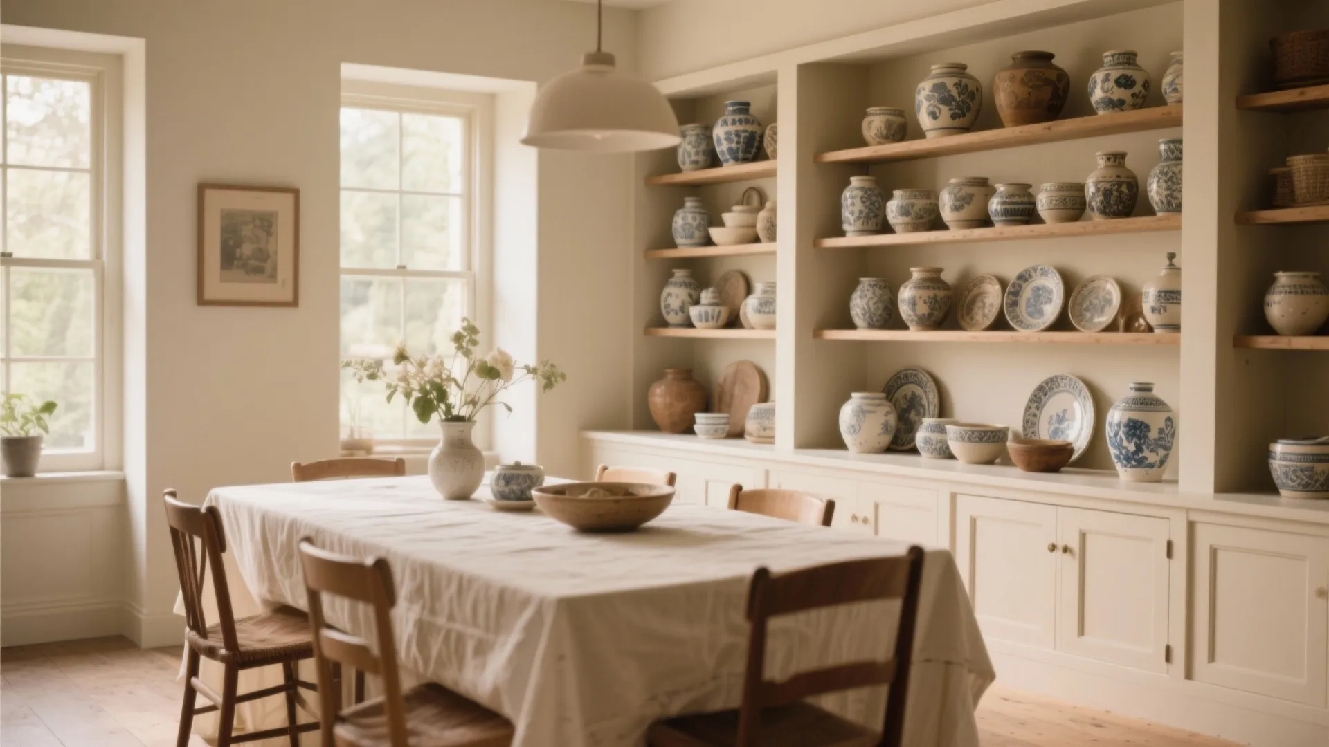 Built-in shelving with vintage ceramics in dining room