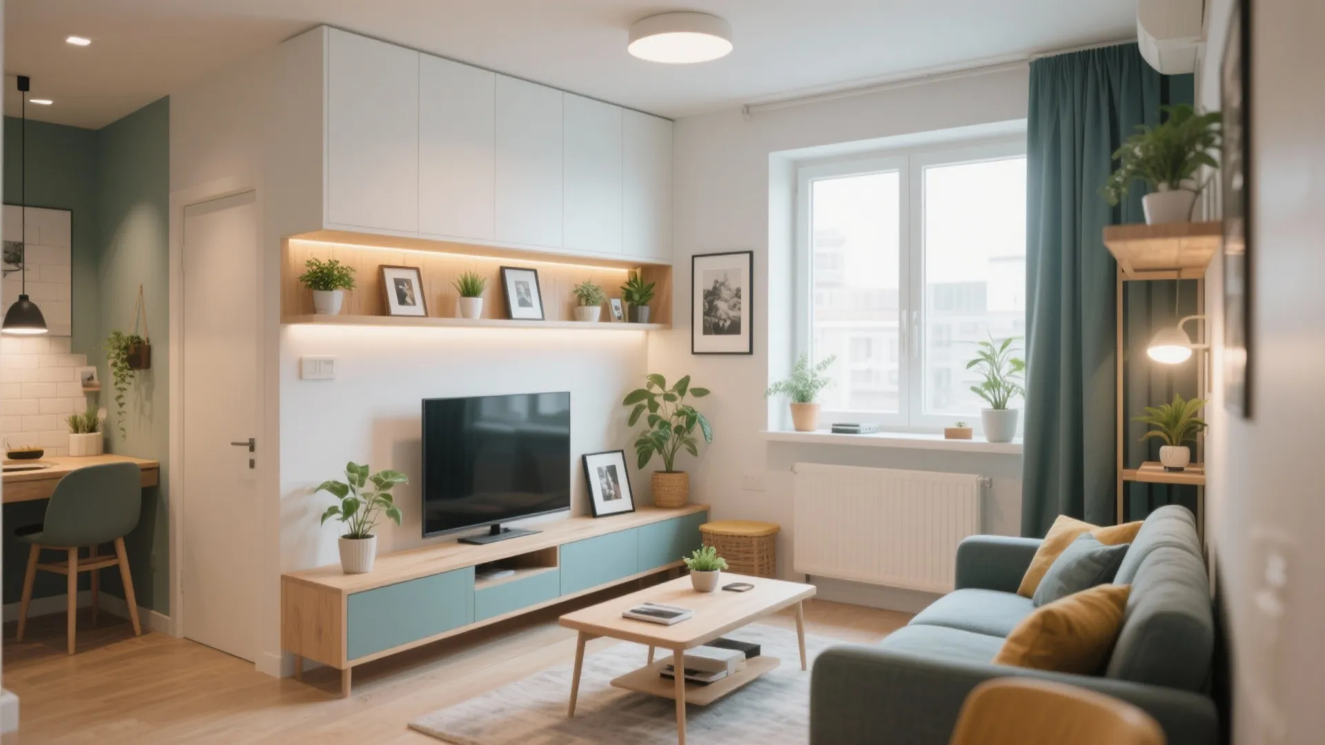 Modern bright living room with teal sofa wooden coffee table white cabinets and potted green plants