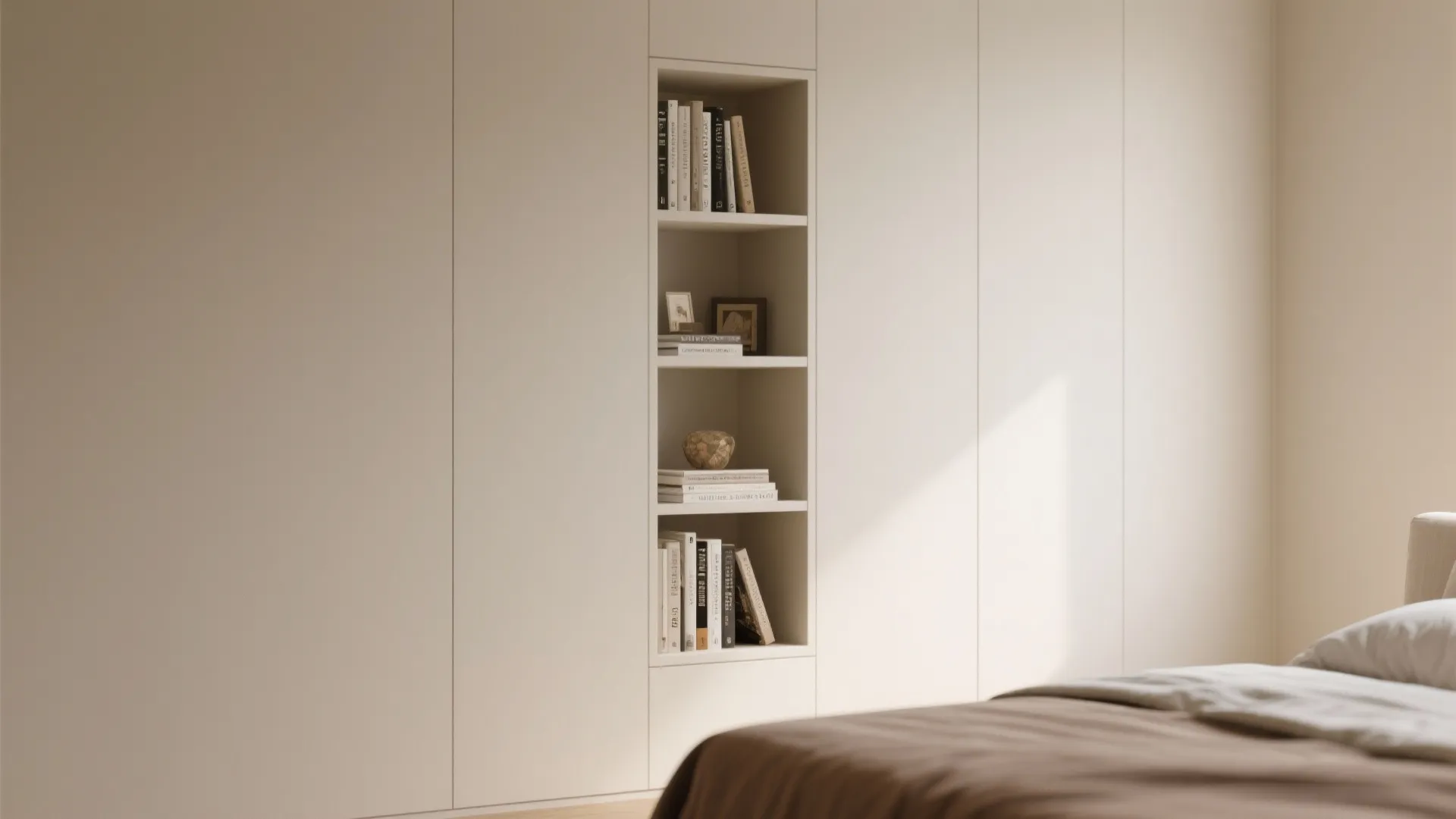 Beige bedroom wall with built in shelf holding books and decor next to a bed