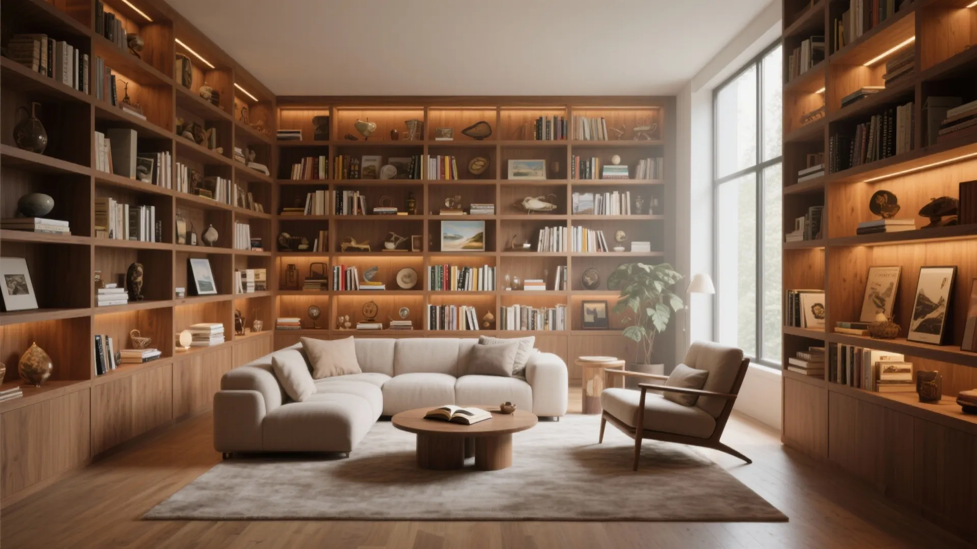 Home library with floor to ceiling wooden bookshelves white sofa armchair and round coffee table