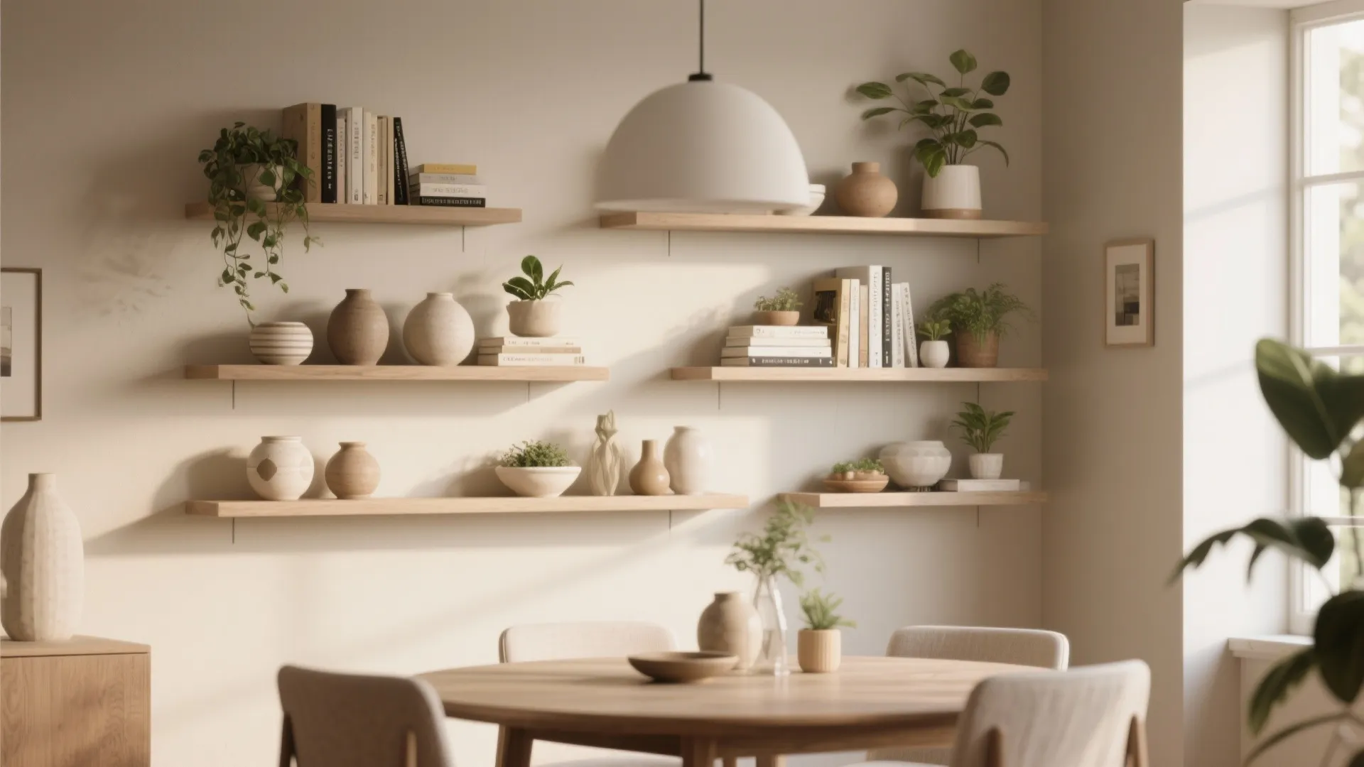 Built-in dining room wall shelves displaying ceramics, plants, and books
