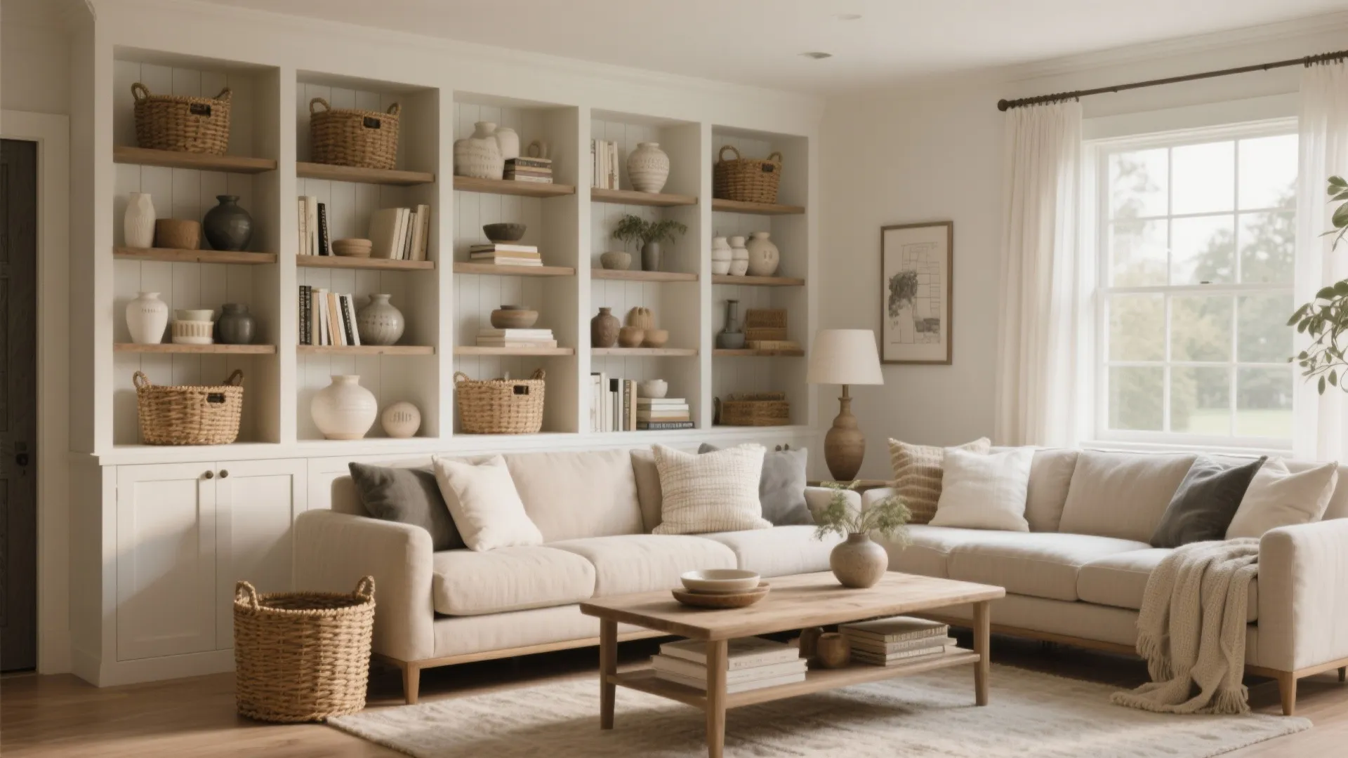 Large white built-in wall shelf filled with baskets and vases behind a modern beige sofa
