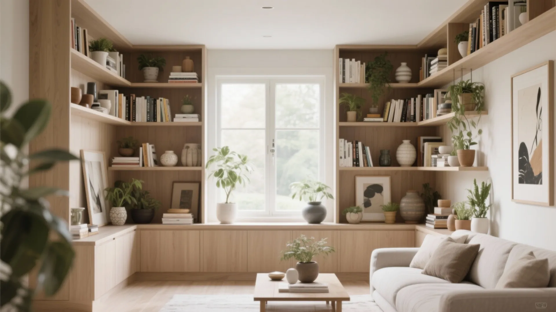 Light wood built in bookshelf and window seat filled with books and small green plants