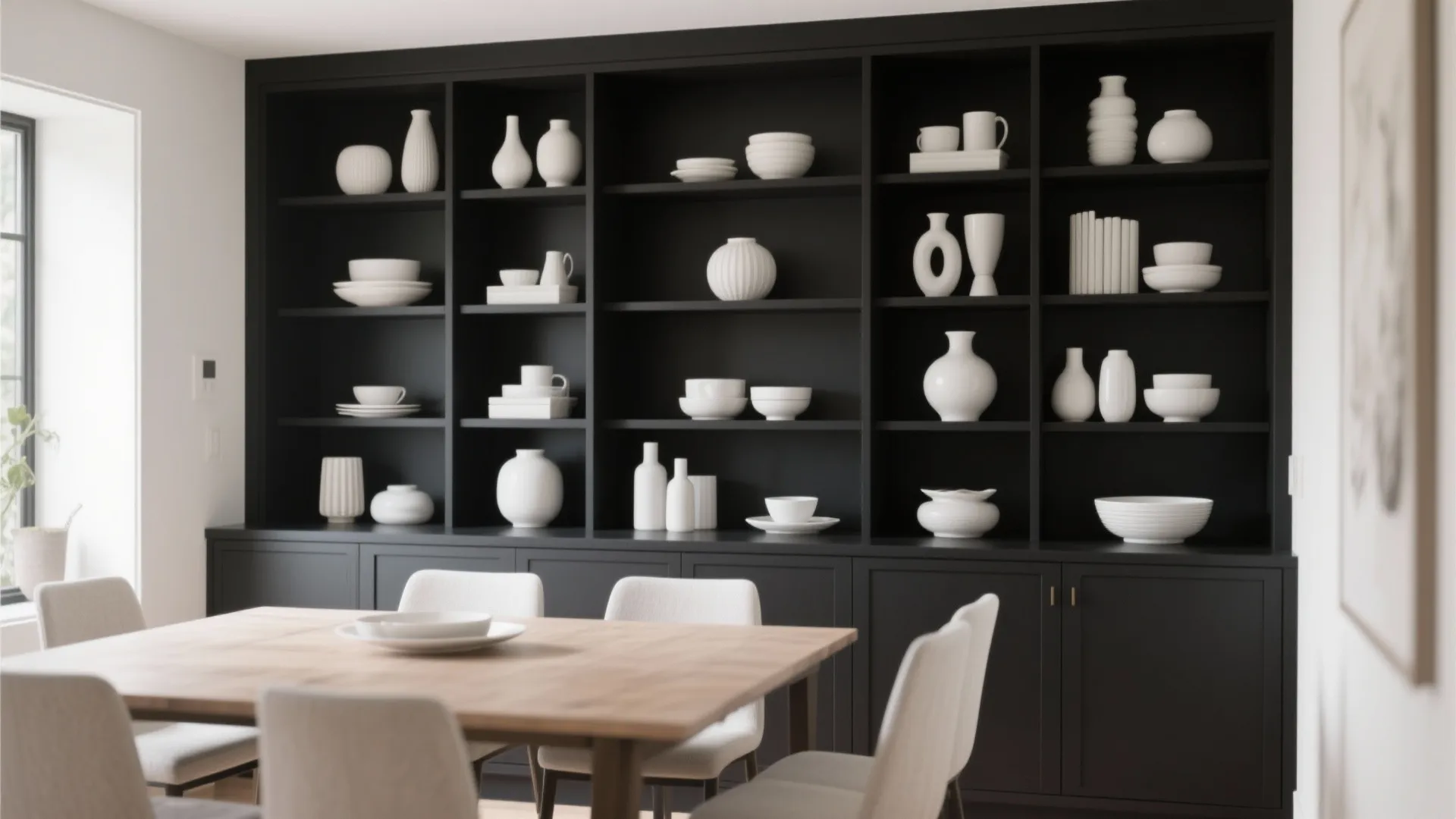 Large black wall cabinet filled with various white vases and bowls behind a wooden dining table