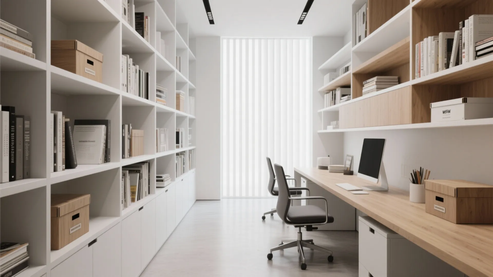 Modern home office with white wall shelves, a long wooden desk, two chairs, and computer