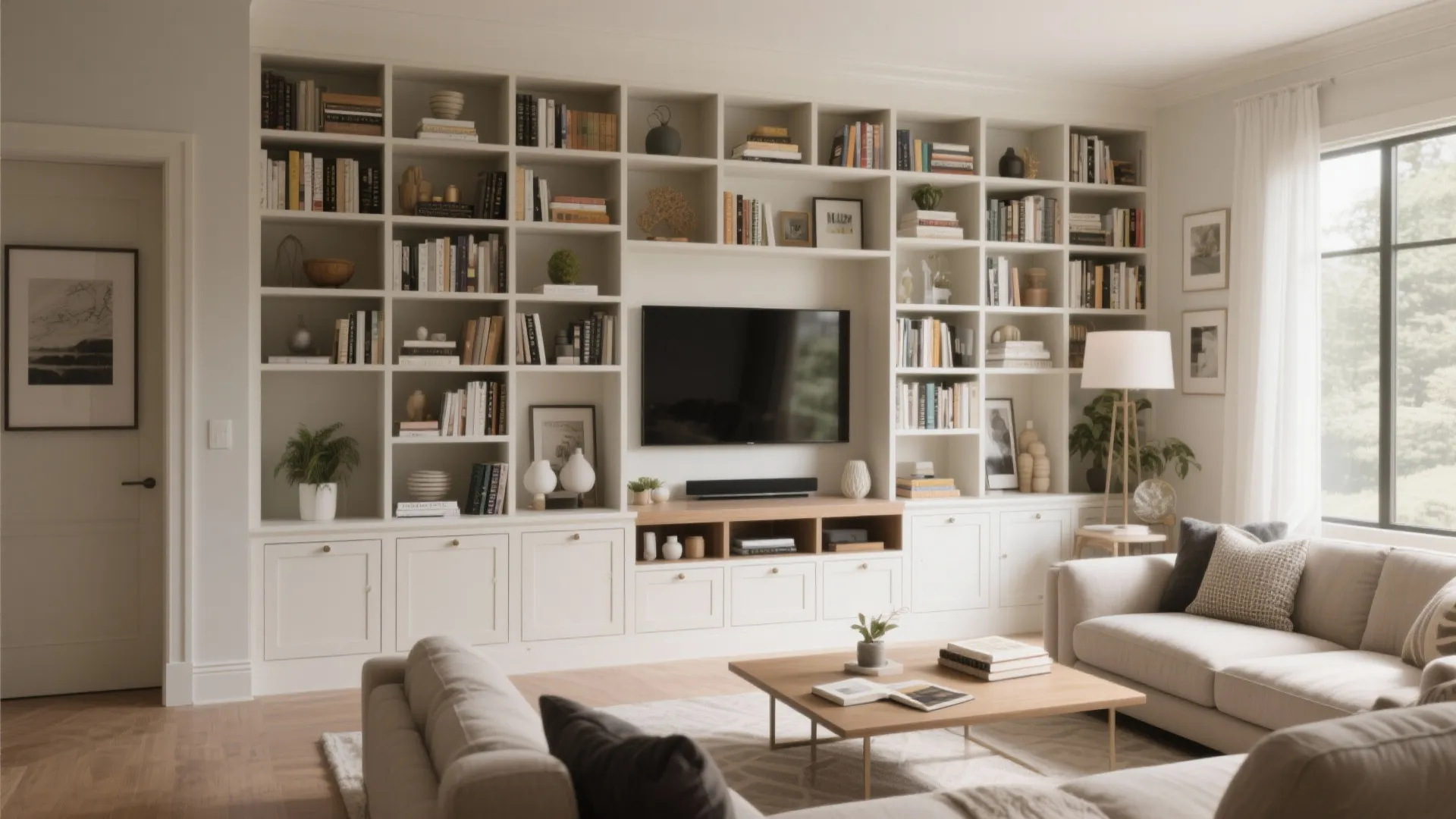 White wall cabinet system with television and many book shelves in a bright living room