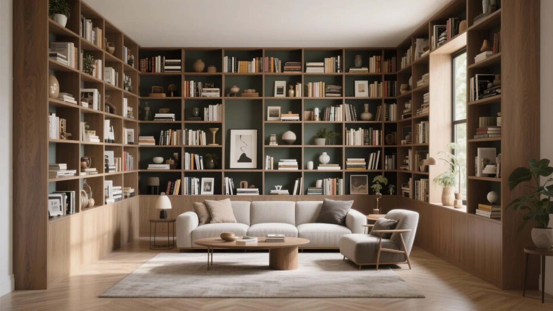Large wooden floor to ceiling bookshelves filled with books behind a white sofa and table