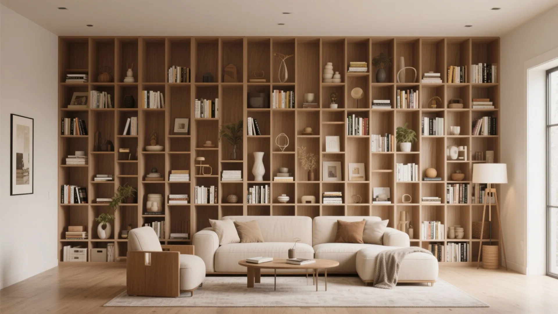 Living room with floor to ceiling wooden cabinet shelves behind a white sofa and rug