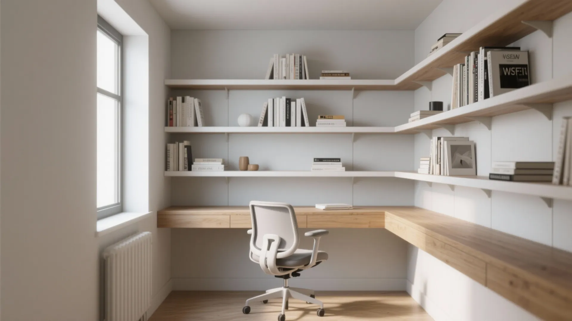 Built-in shelving unit in a compact modern study room