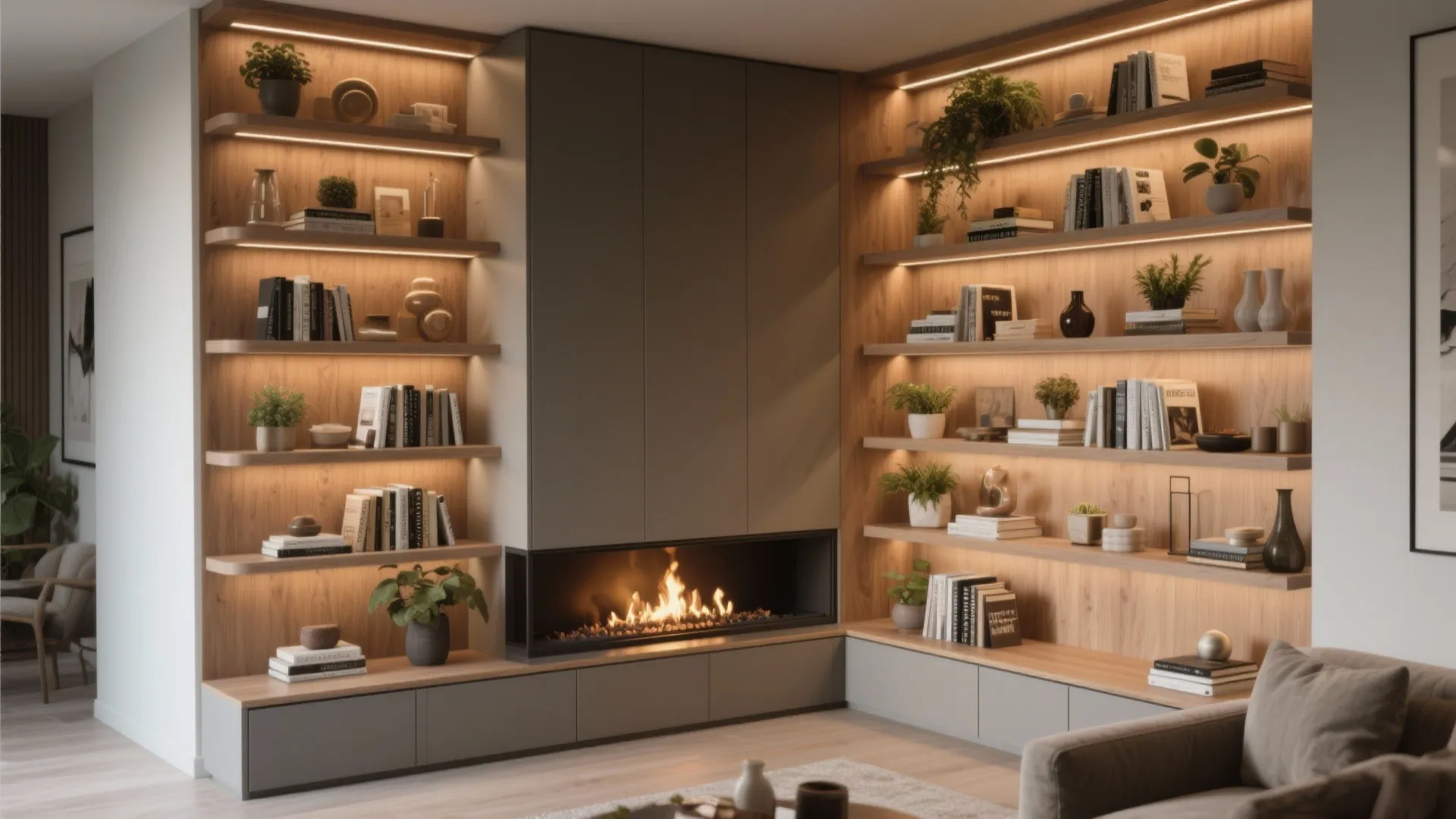 Built-in Shelving That Frames the Hearth
