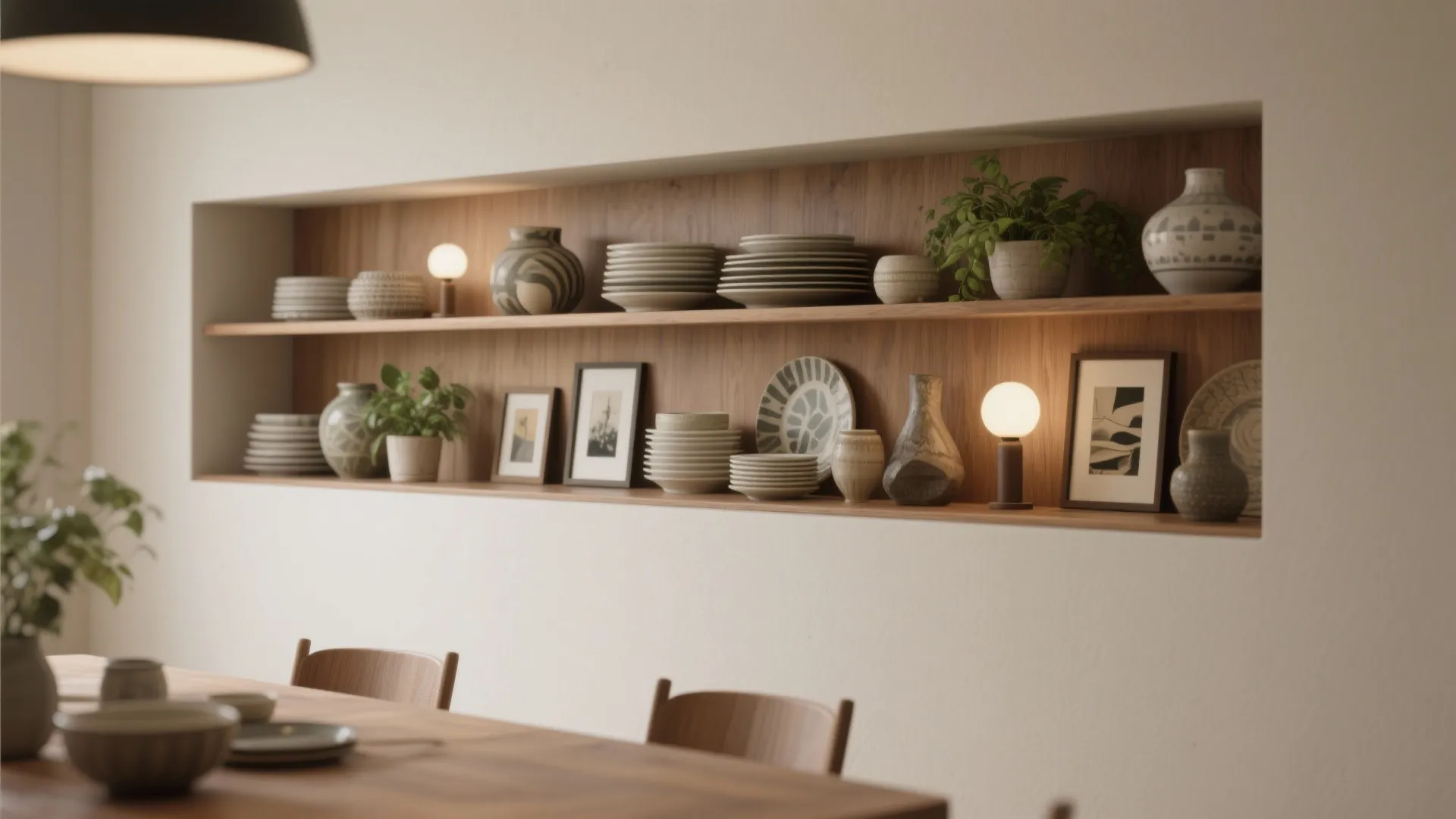 Wooden wall shelves with plates bowls small plants light bulbs and framed pictures in dining