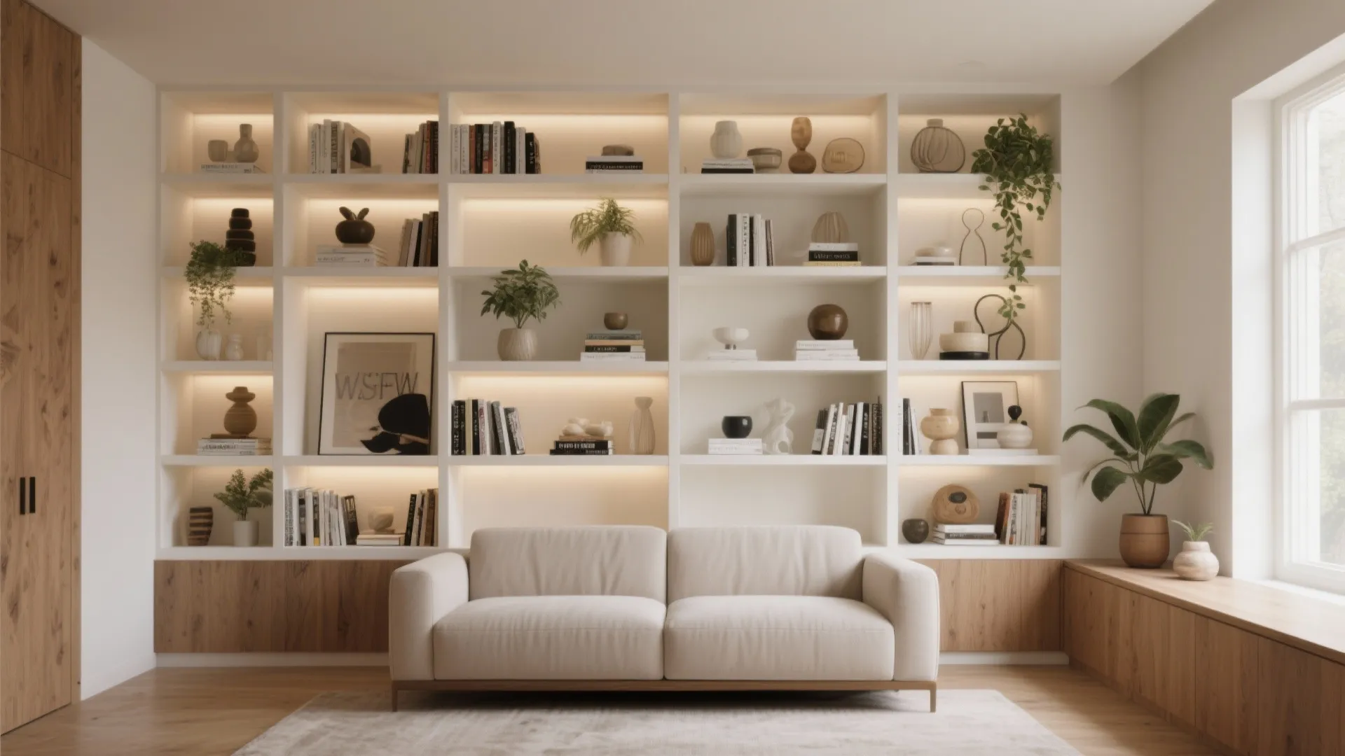 Minimalist living room with cream sofa in front of large wall shelves with warm lighting