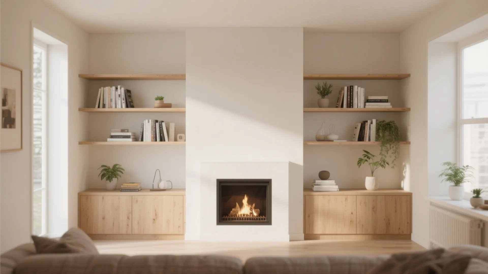 2. Built-in shelving flanking the fireplace