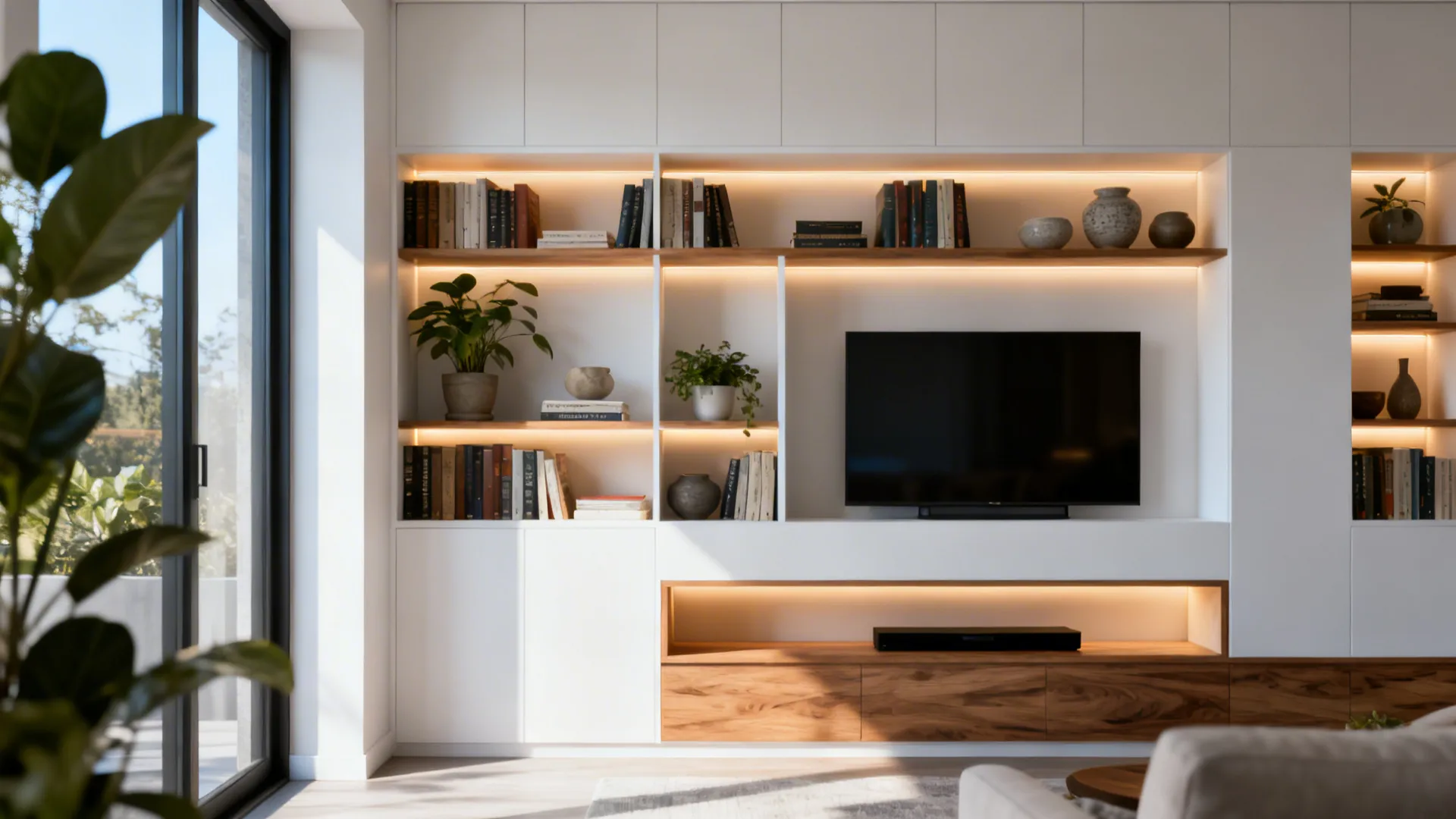 Built-in shelving with integrated LED lighting displaying books and decor in a small living room.