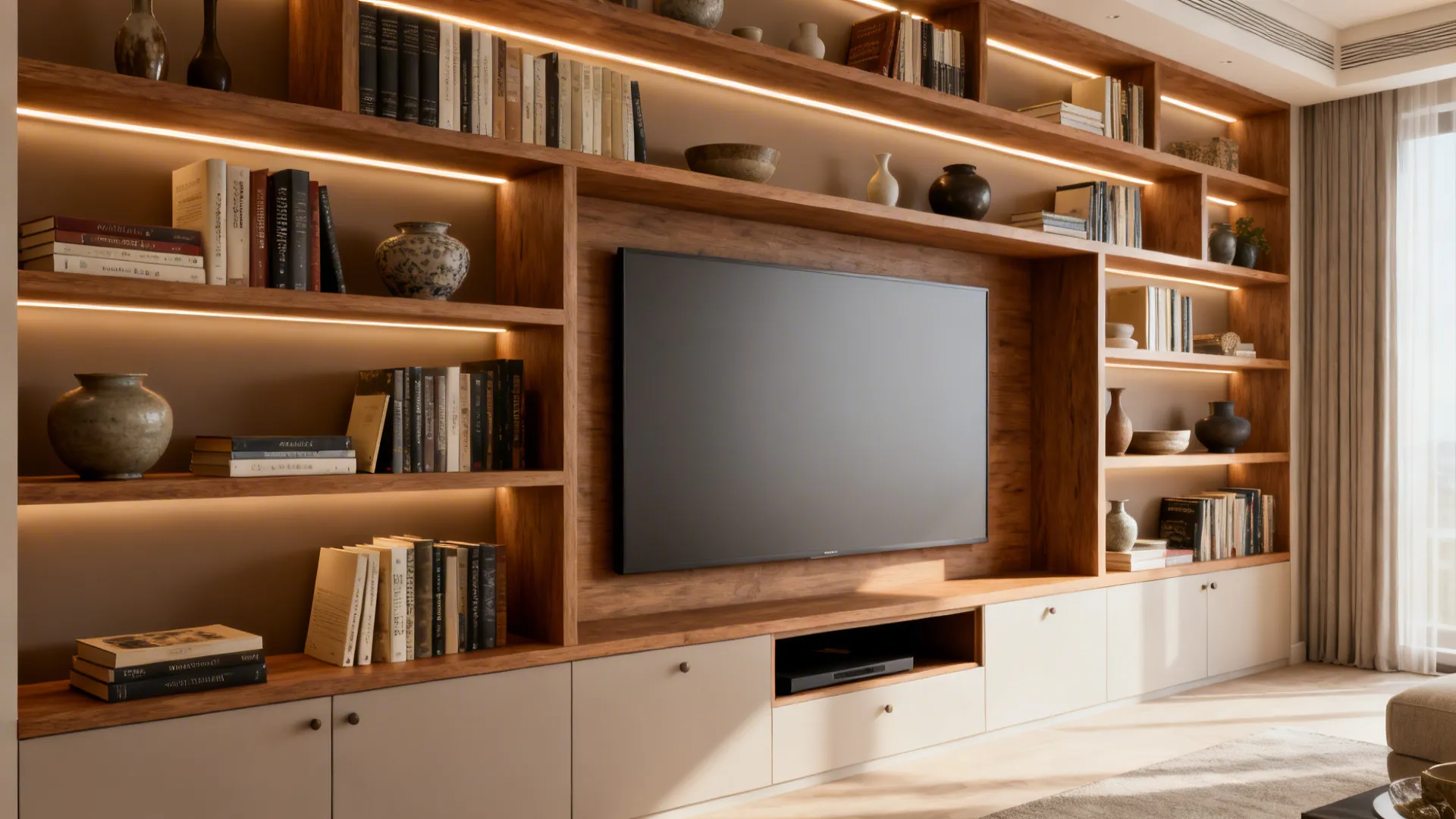 Living room built-in shelving with staggered depths, integrated LEDs, hidden TV niche, and closed cabinets.