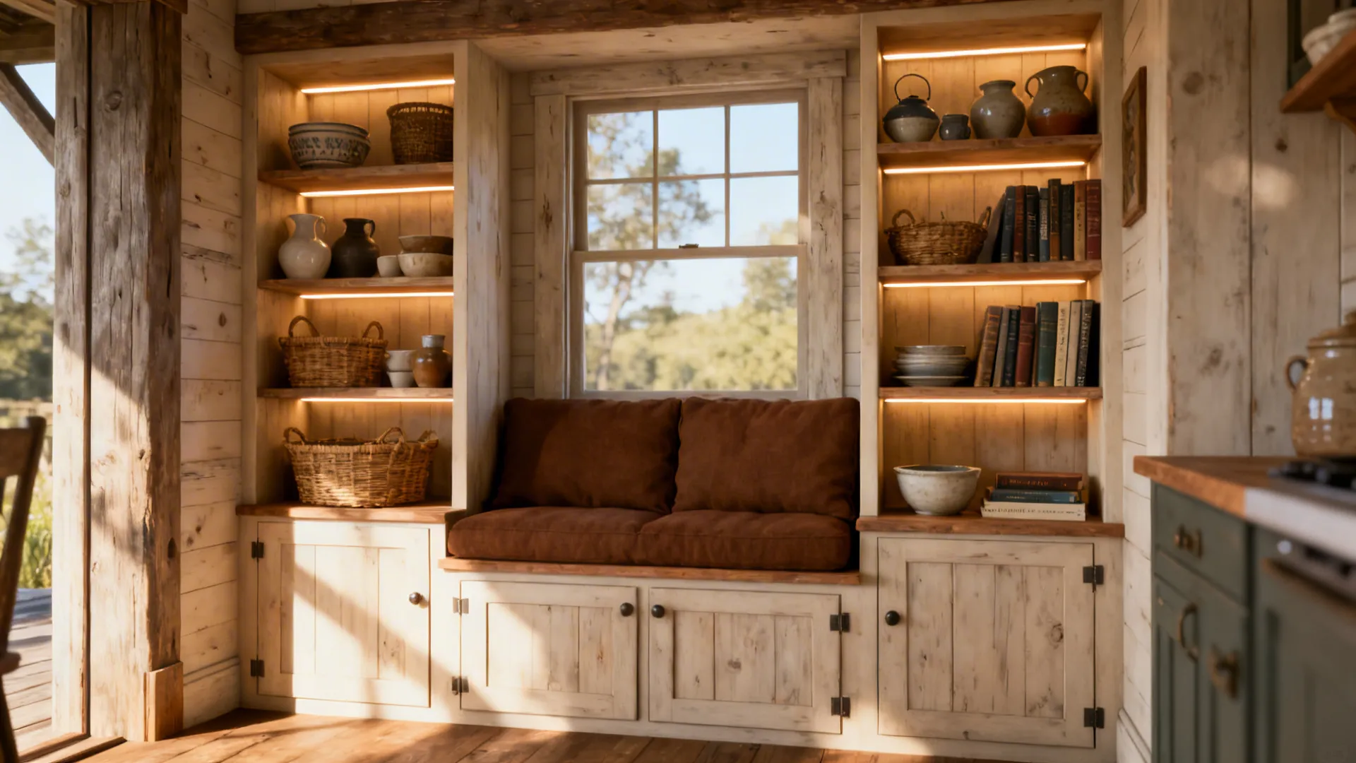 Cozy seating nook with built-in shelving around a brown couch, styled with ceramics and plants.