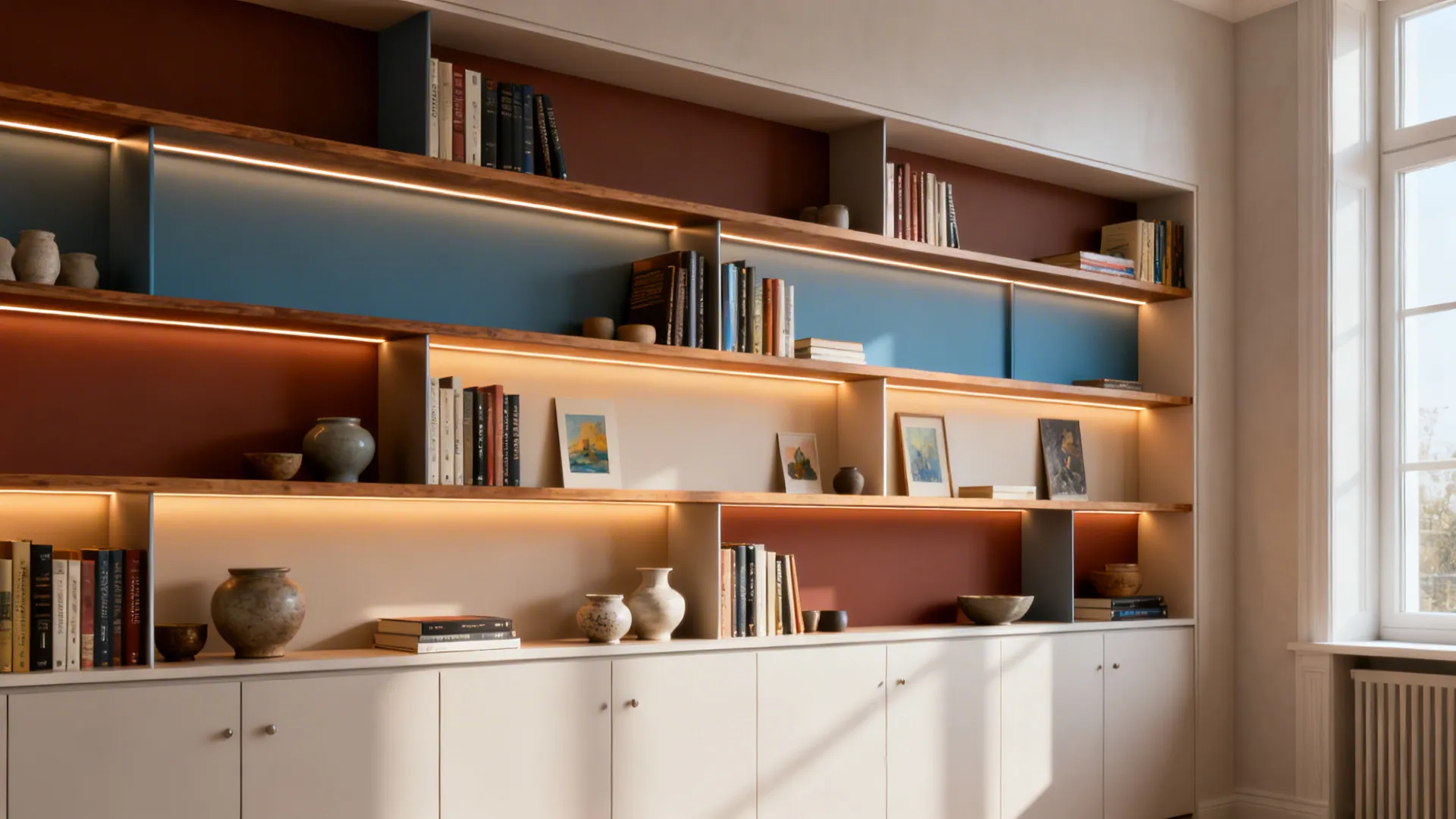 Built-in shelving accent wall with contrasting back panels and integrated lighting, styled with books and ceramics.