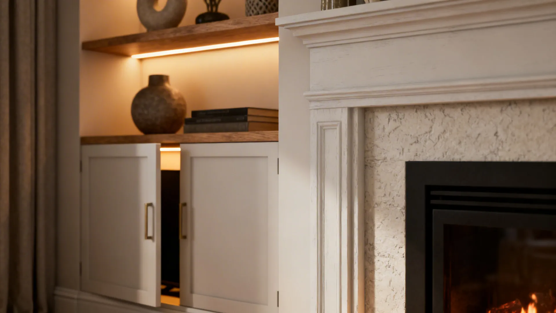 Shallow built-in shelves framing a corner fireplace with hidden media storage and warm accent lighting.
