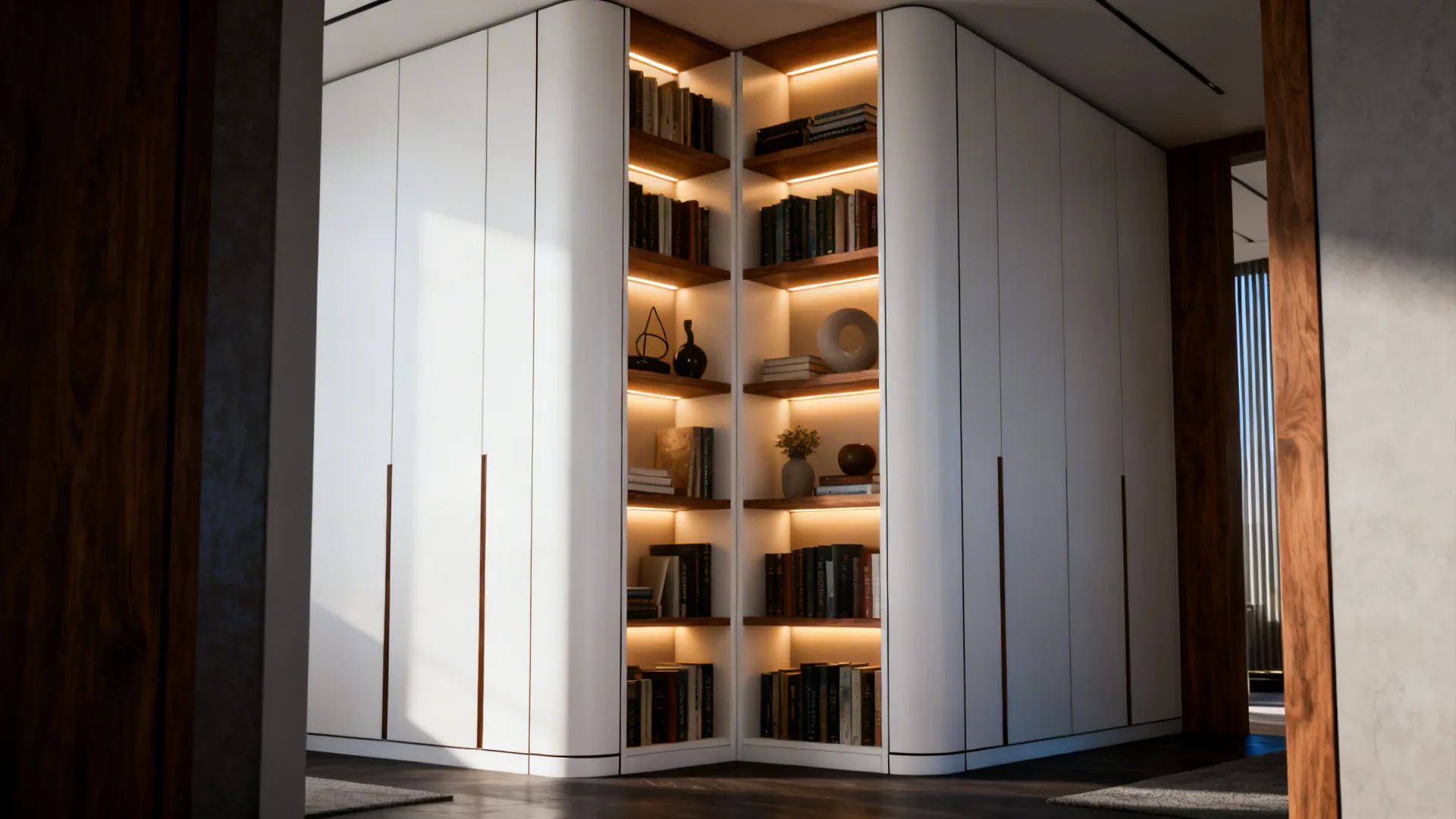 Floor-to-ceiling built-in corner shelving with integrated lighting and curated decor