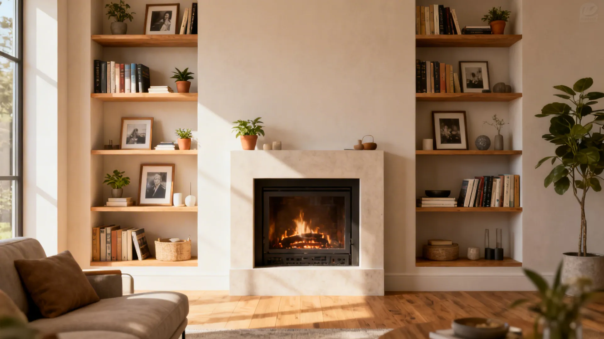 Shallow built-in shelves framing a fireplace with books and plants