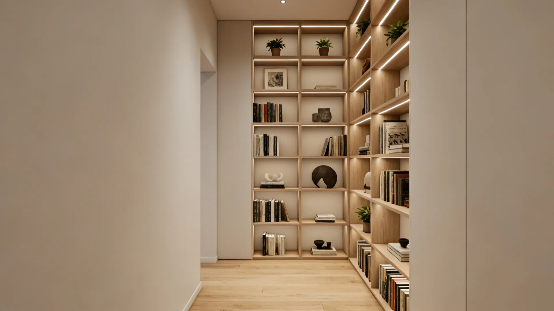 Floor-to-ceiling built-in shelves styling books, plants and decor maximizing vertical corner space