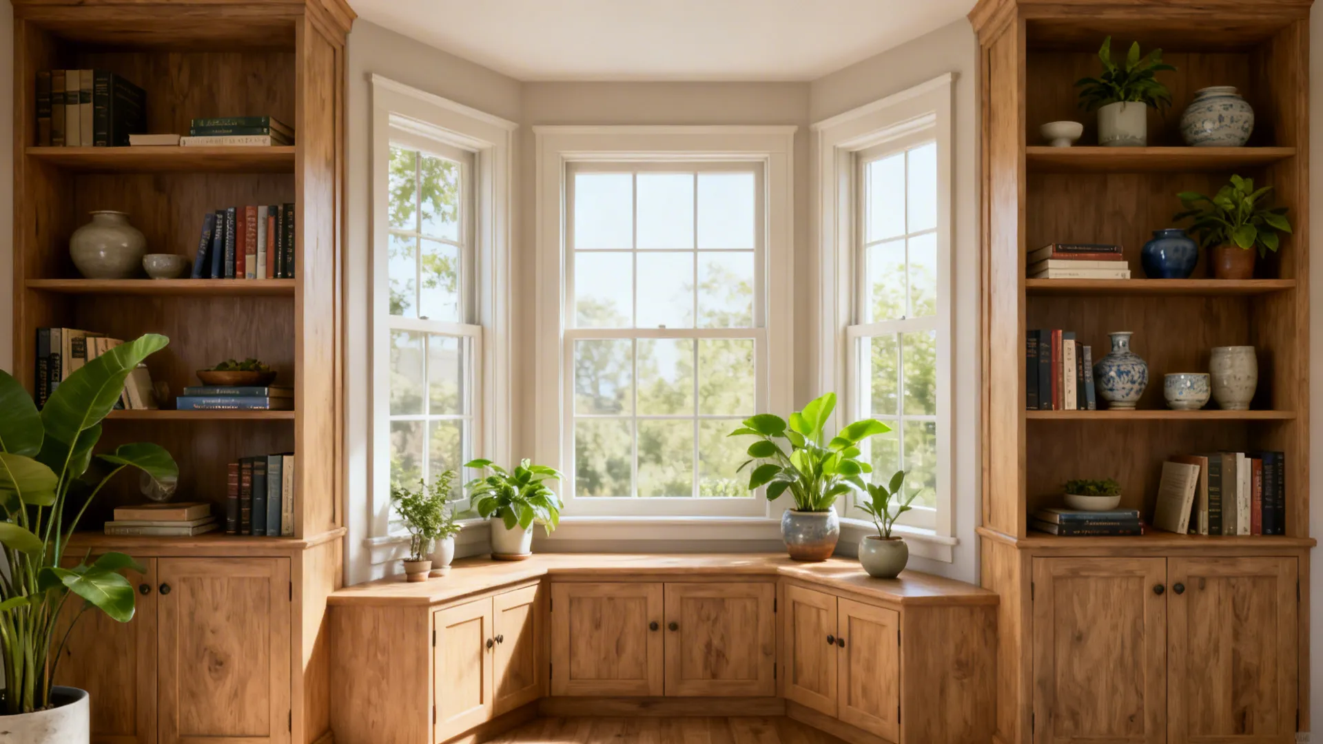 Built-in shelves flanking a bay window with a mix of open shelving and closed cabinets.
