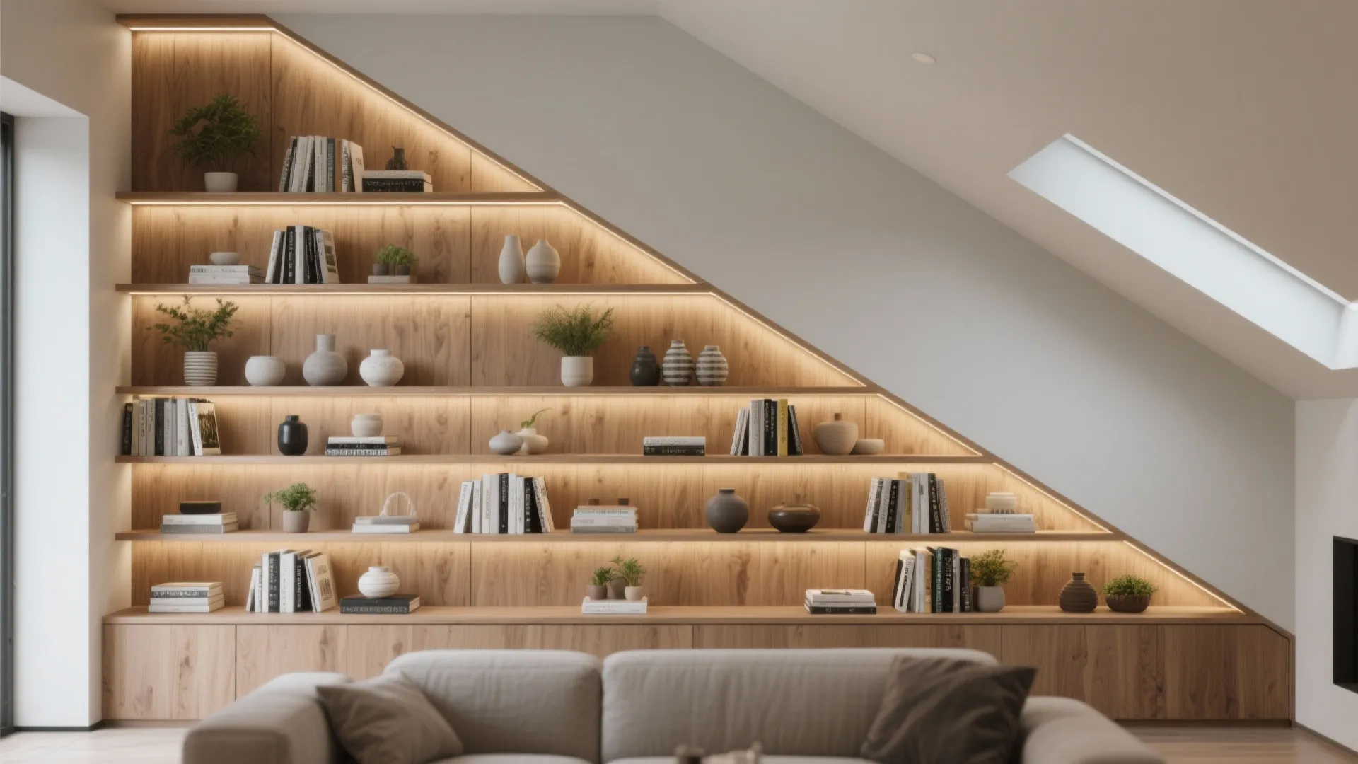 1. Built-in Shelving That Follows the Angle