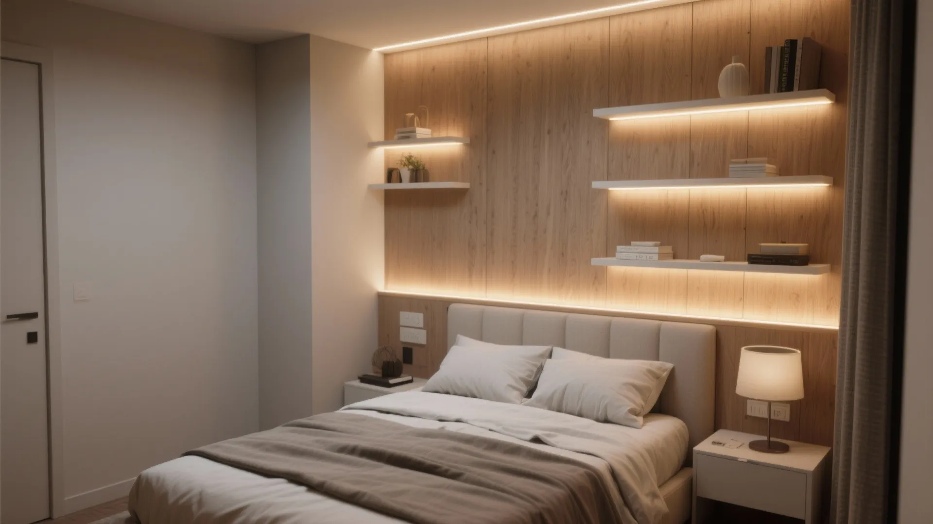 Modern bedroom with wood wall panel, built in shelves, warm light, bed and white nightstand