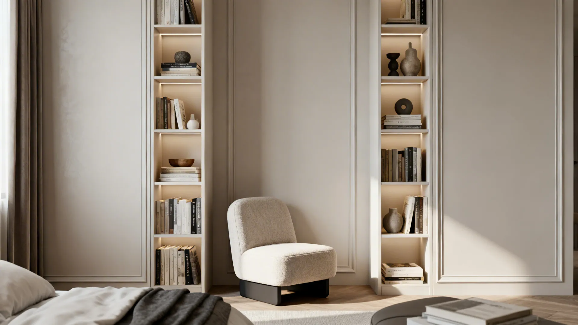 Built-in shelves with books and a compact reading chair in a master bedroom.