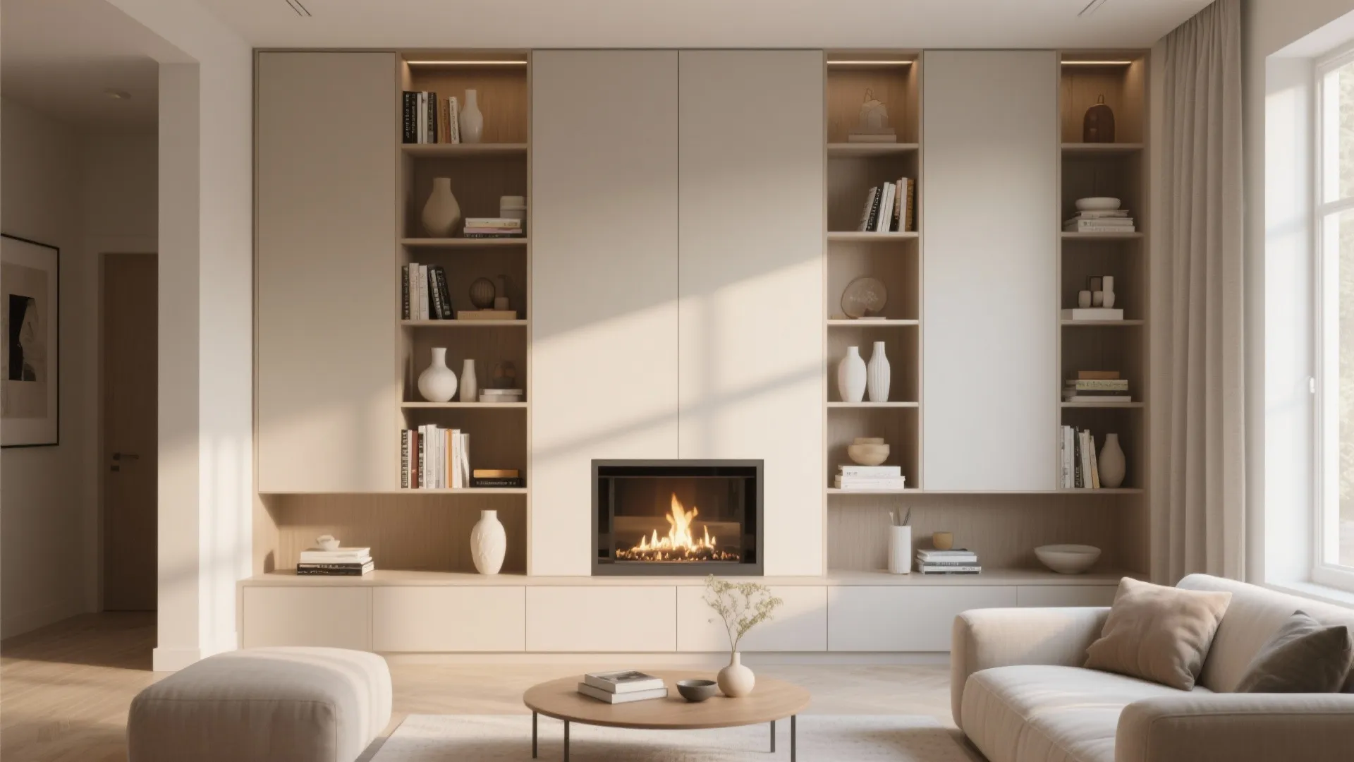 Fireplace with slim built-in shelving in a small living room