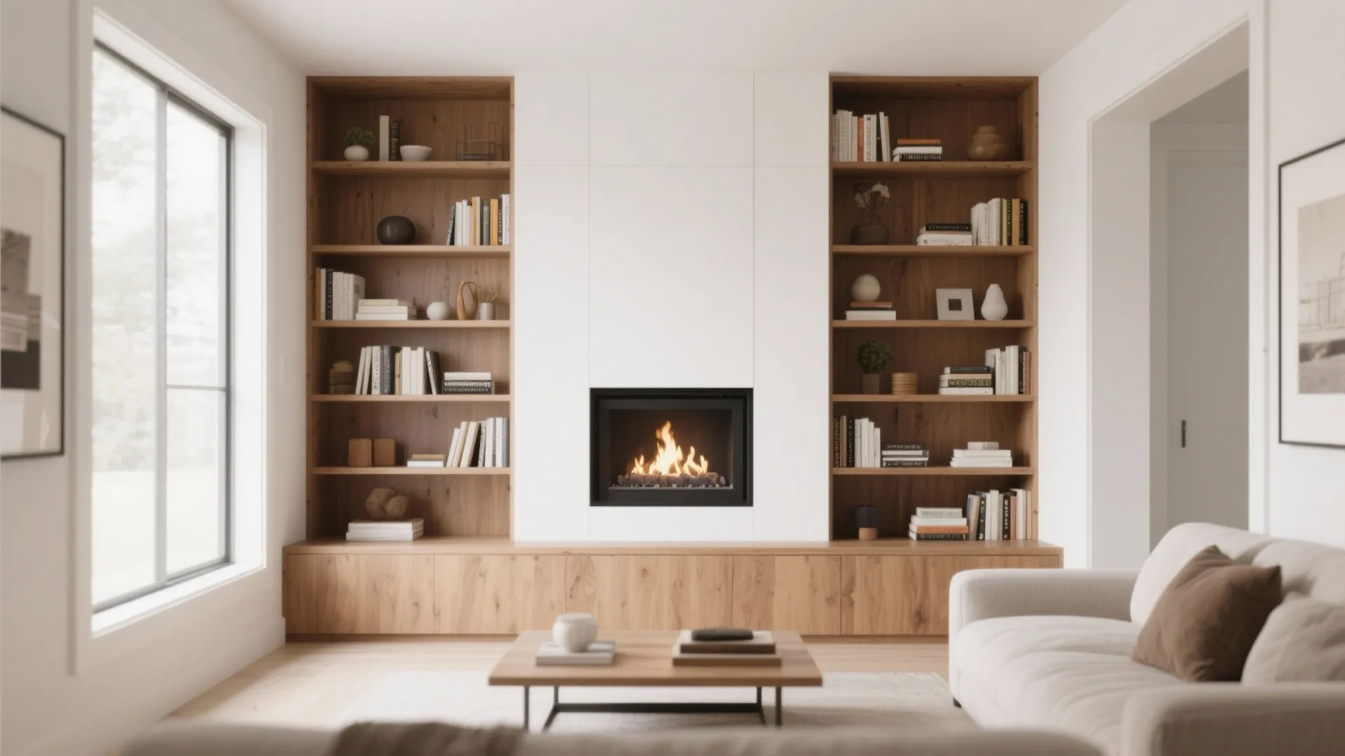 Modern living room with wooden bookshelves around a white fireplace and a soft white sofa