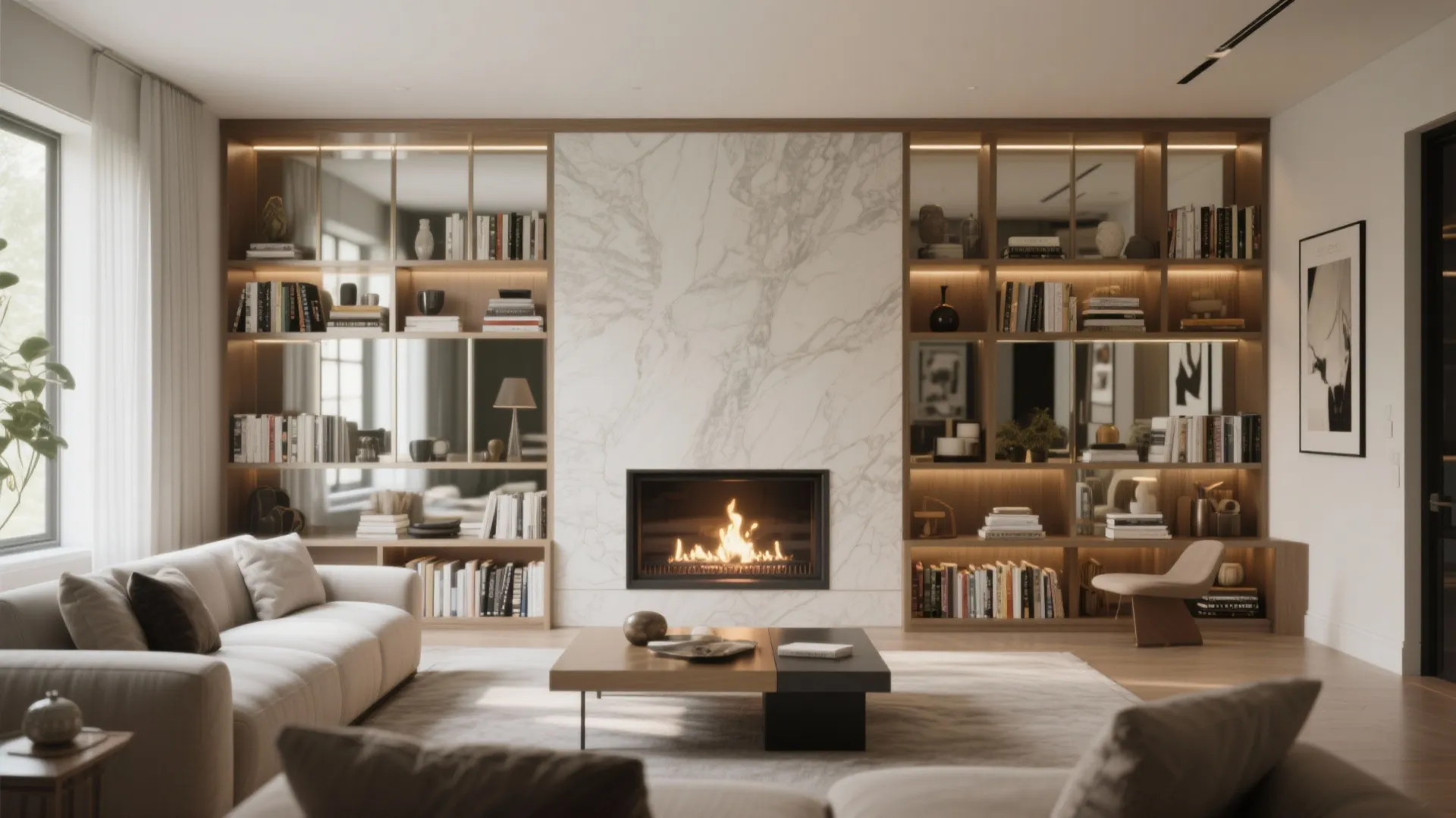 Modern living room featuring white marble fireplace with built in wooden bookshelves and beige fabric sofa