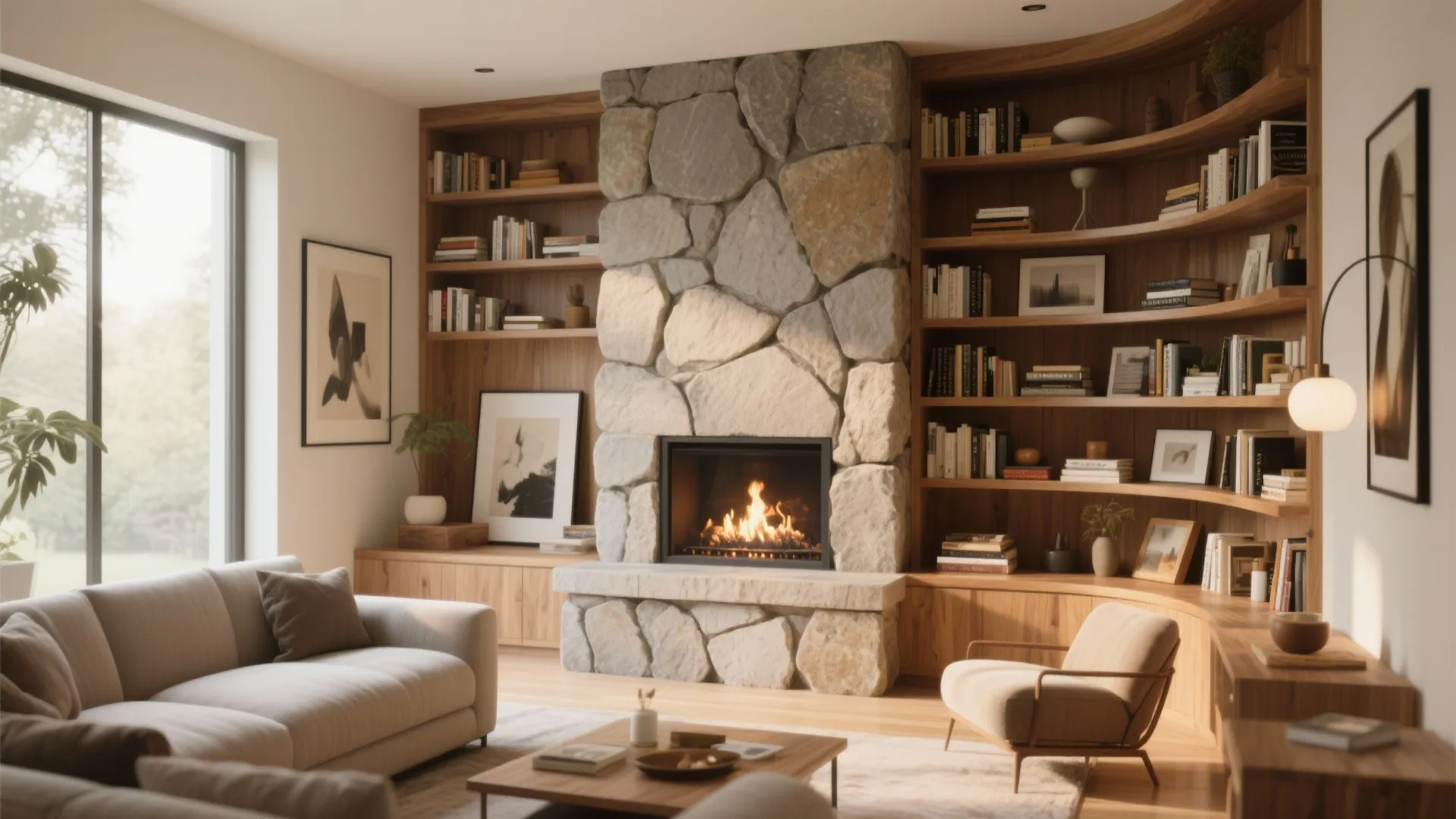 6. Built-in shelving around fireplace