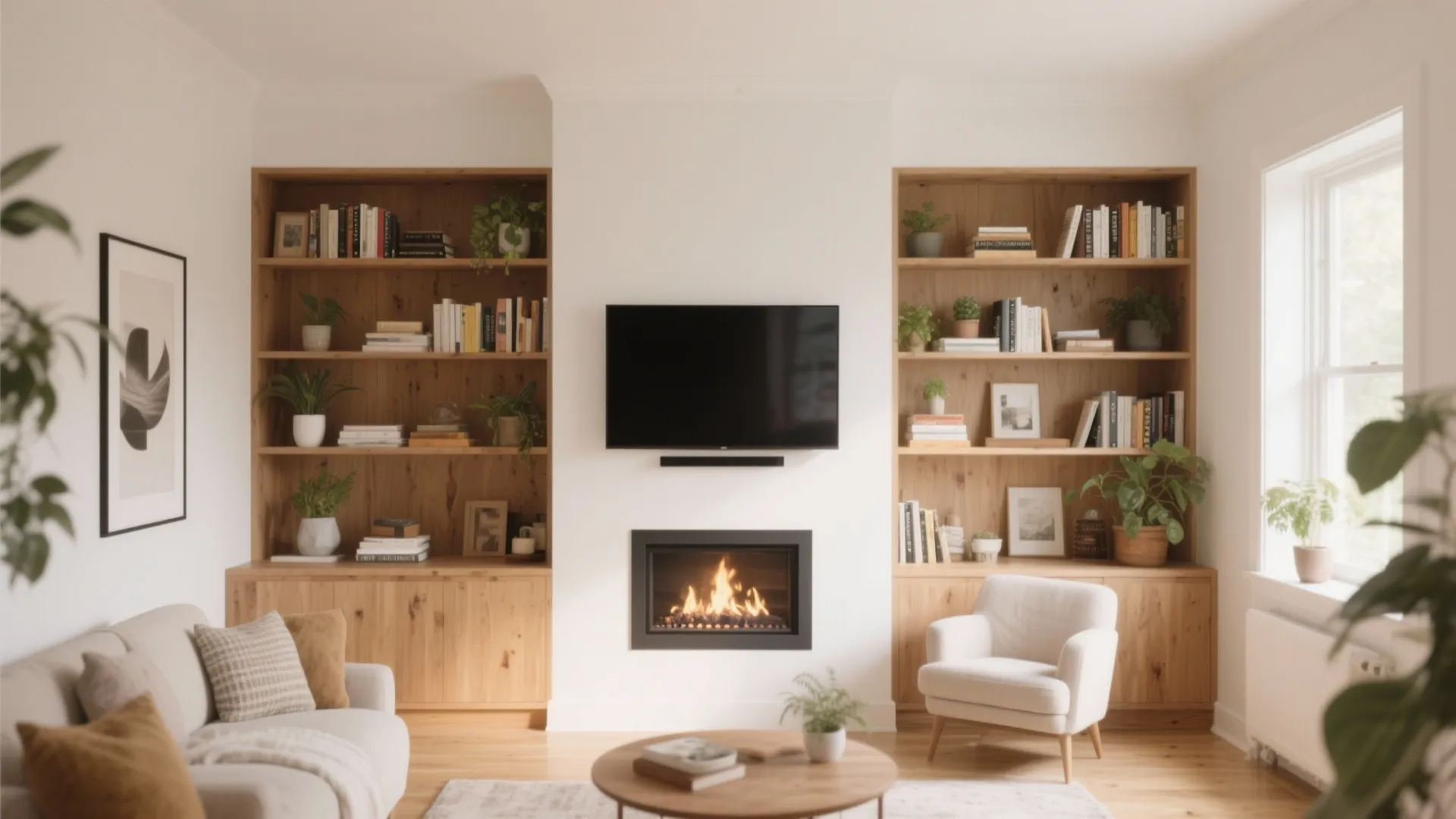 Living room interior design with wooden bookshelves surrounding a television fireplace sofa and white armchair