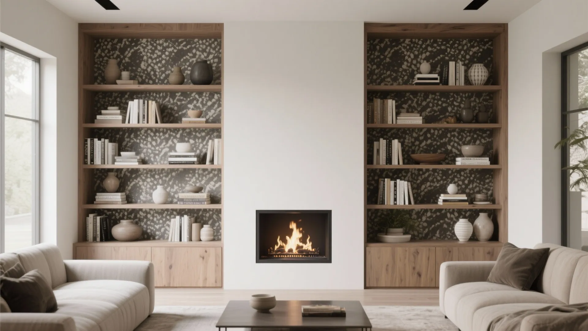 4. Built-in shelving flanking the fireplace