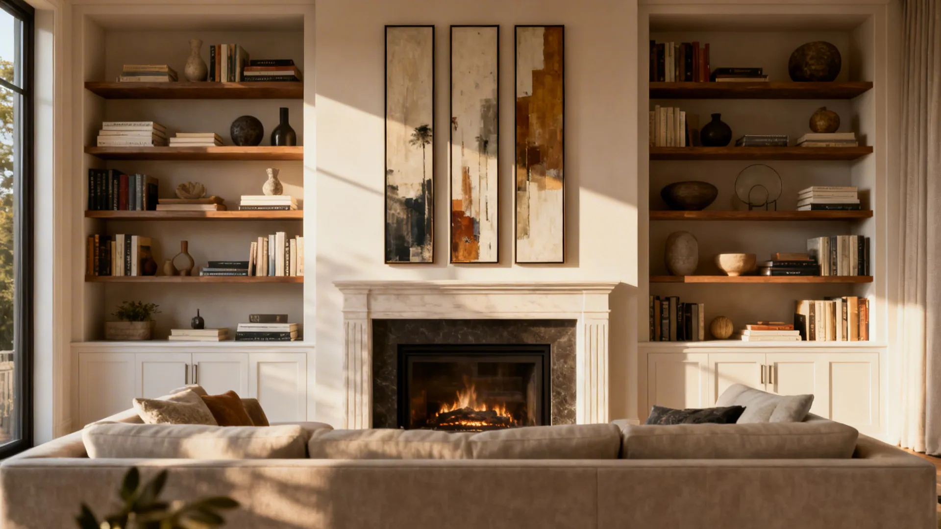 Built-in shelves and vertical artwork flanking a fireplace, integrating the sofa into a gallery-like focal wall.