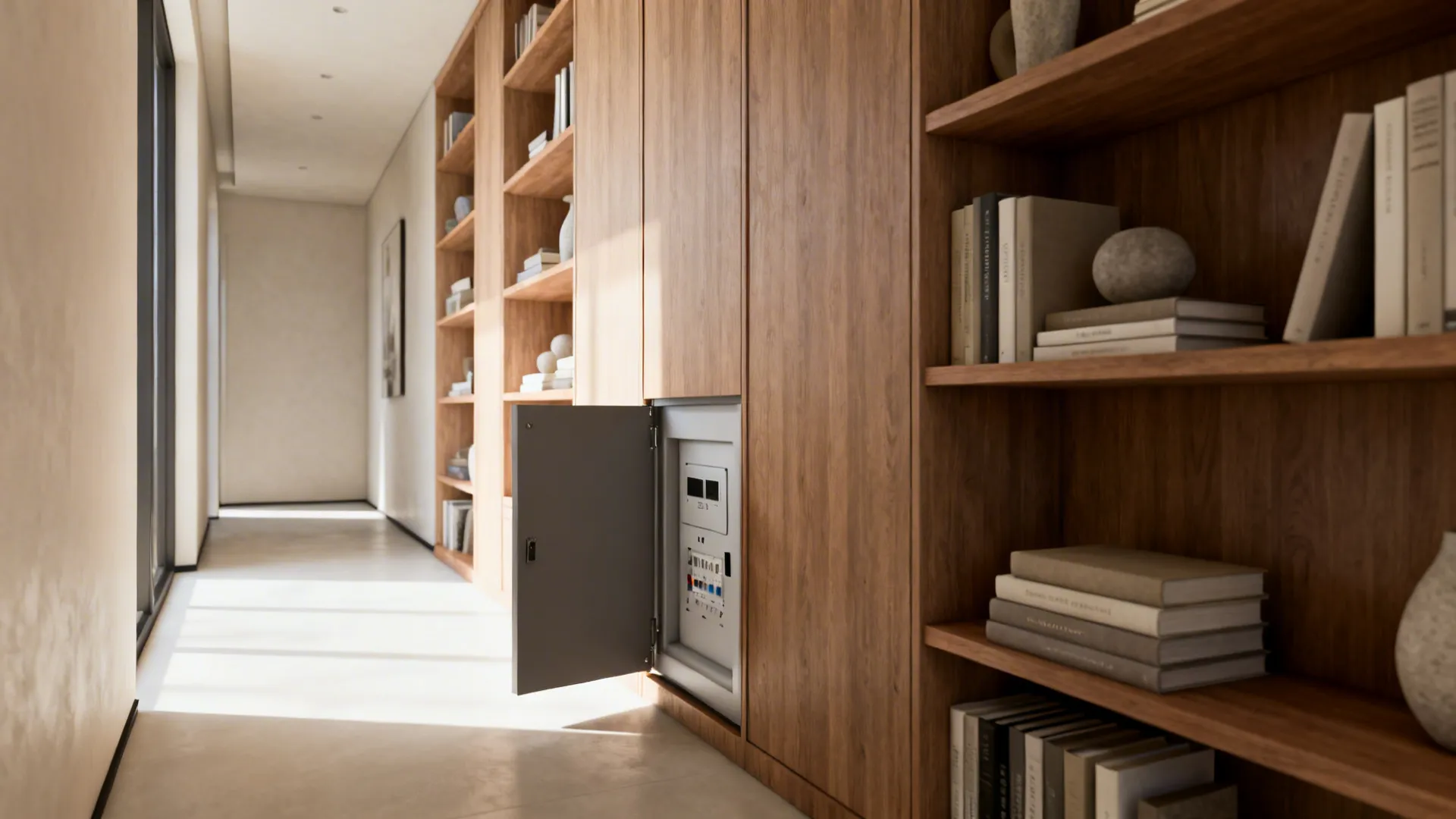 Built-in shelving with a hidden pivot door that disguises an electrical panel in a hallway.