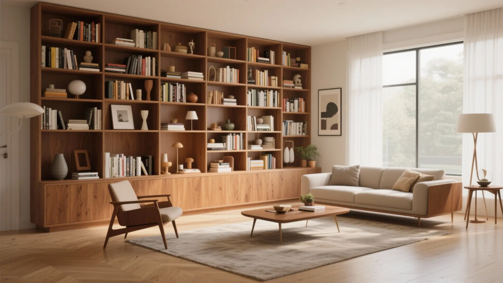 Warm living room with large wood bookshelf beige sofa coffee table grey rug and natural light